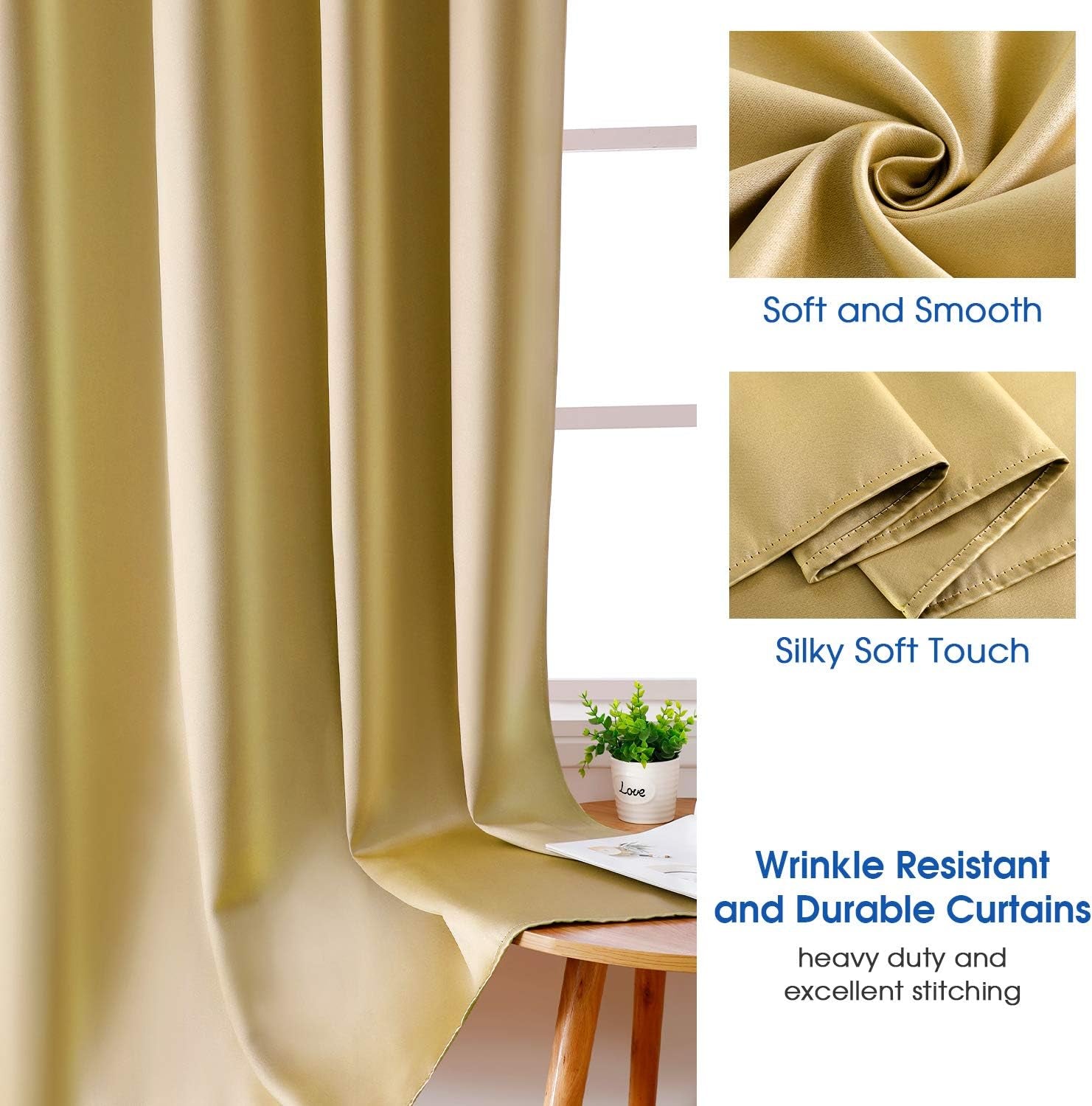 HOMEIDEAS Gold Blackout Curtains, Faux Silk for Bedroom 52 X 84 Inch Room Darkening Satin Thermal Insulated Drapes for Window, Indoor, Living Room, 2 Panels  HOMEIDEAS   