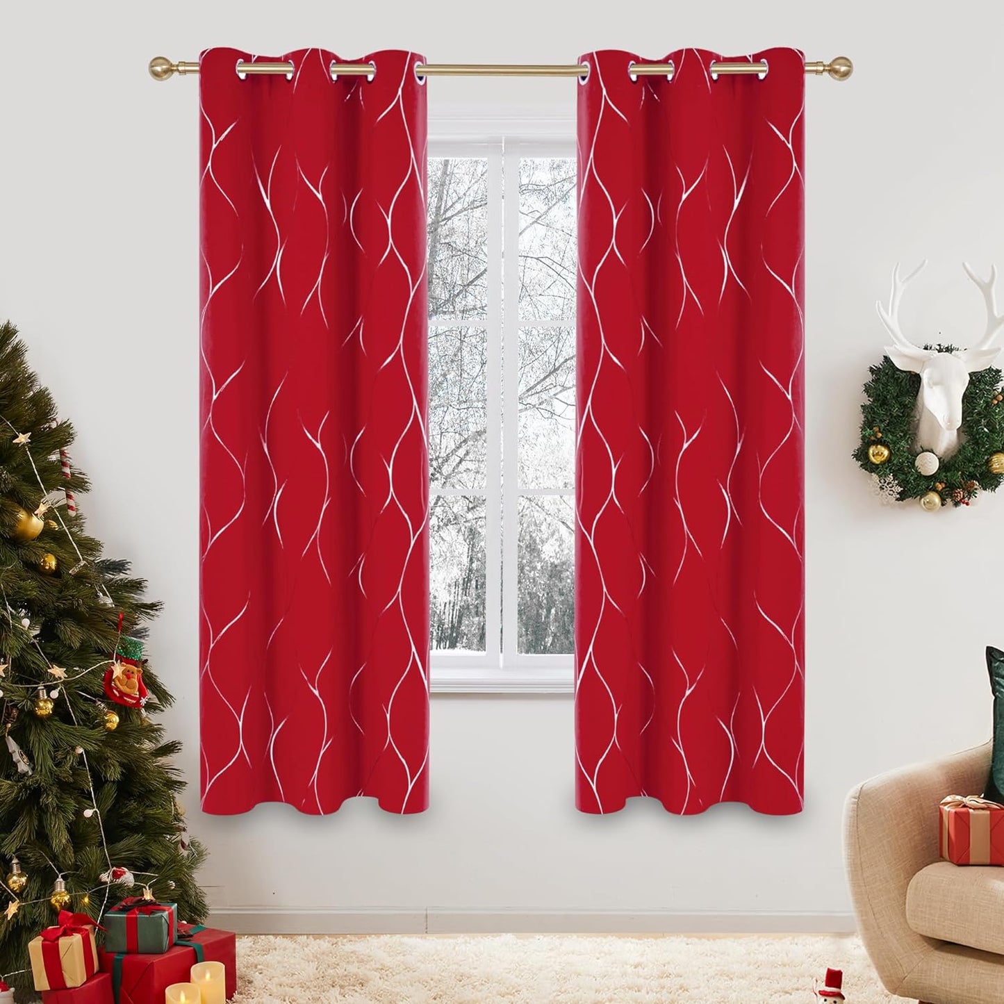 Deconovo Blackout Curtains with Foil Wave Pattern, Grommet Curtain Room Darkening Window Panels, Thermal Insulated Curtain Drapes for Nursery Room (42W X 54L Inch, 2 Panels, Turquoise)  DECONOVO Red W42 X L72 
