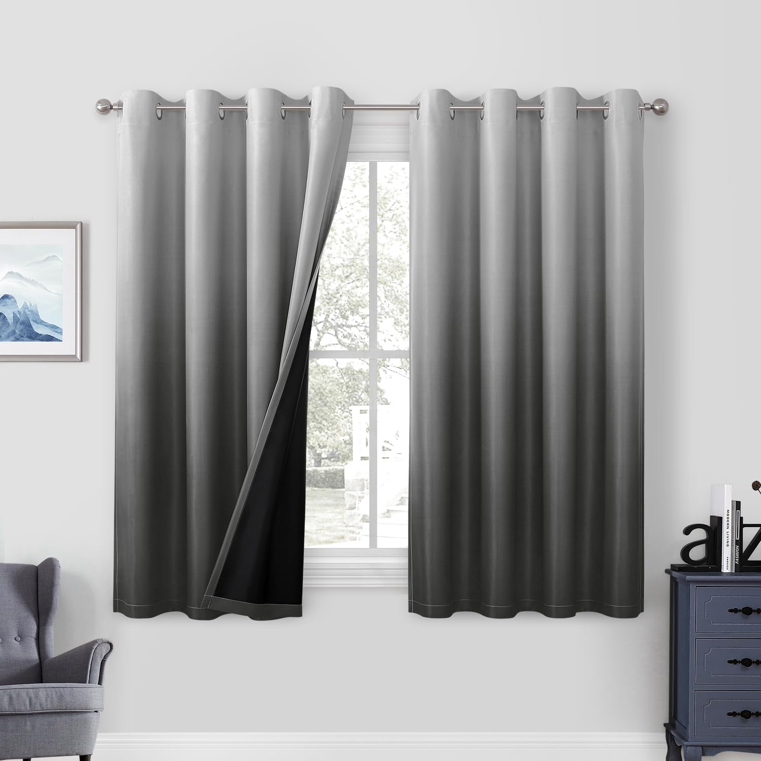 HOMEIDEAS 100% Black Ombre Blackout Curtains for Bedroom, Room Darkening Curtains 52 X 84 Inches Long Grommet Gradient Drapes, Light Blocking Thermal Insulated Curtains for Living Room, 2 Panels  HOMEIDEAS Grey 2 Panel-52" X 63" 