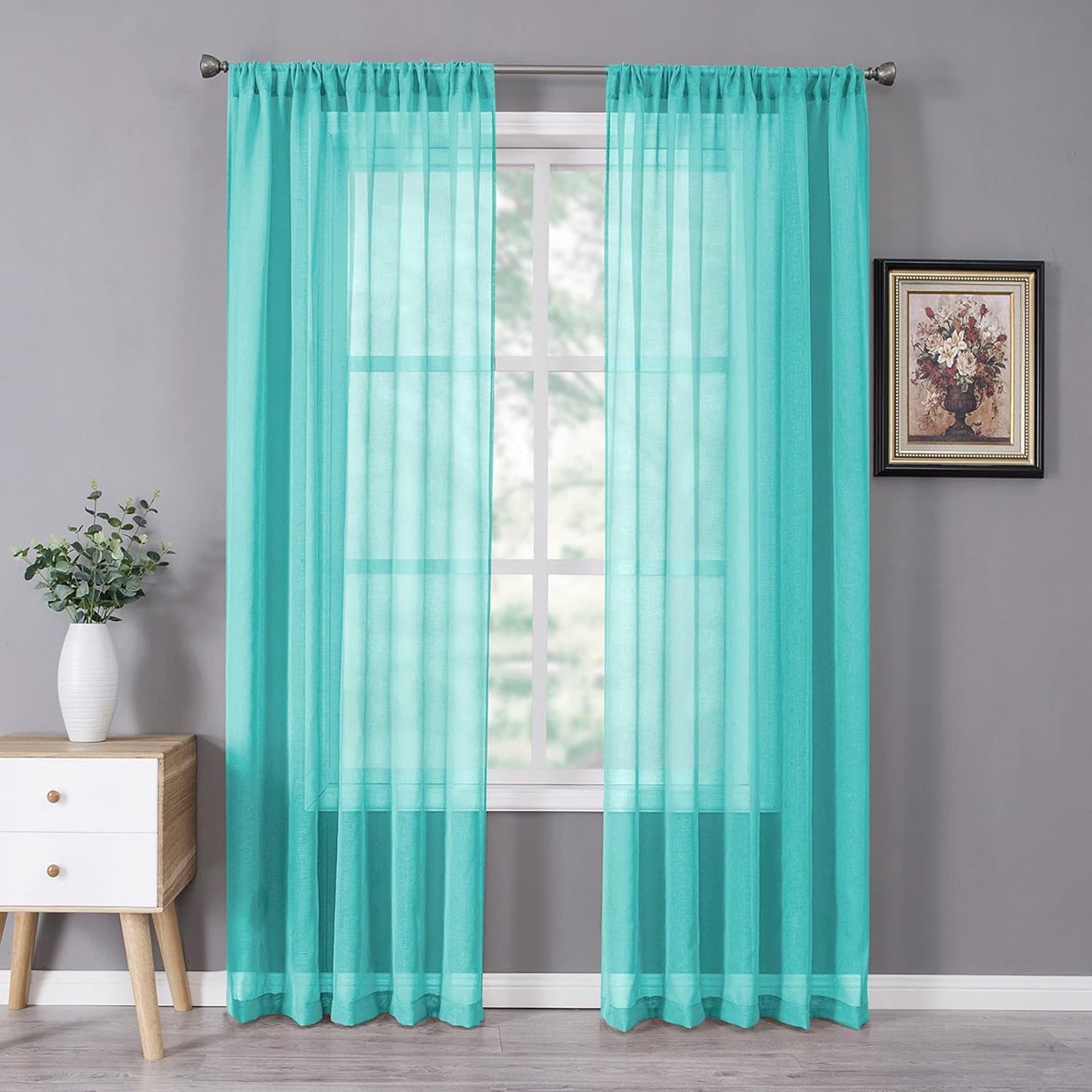 Tollpiz Short Sheer Curtains Linen Textured Bedroom Curtain Sheers Light Filtering Rod Pocket Voile Curtains for Living Room, 54 X 45 Inches Long, White, Set of 2 Panels  Tollpiz Tex Aqua Blue 54"W X 95"L 