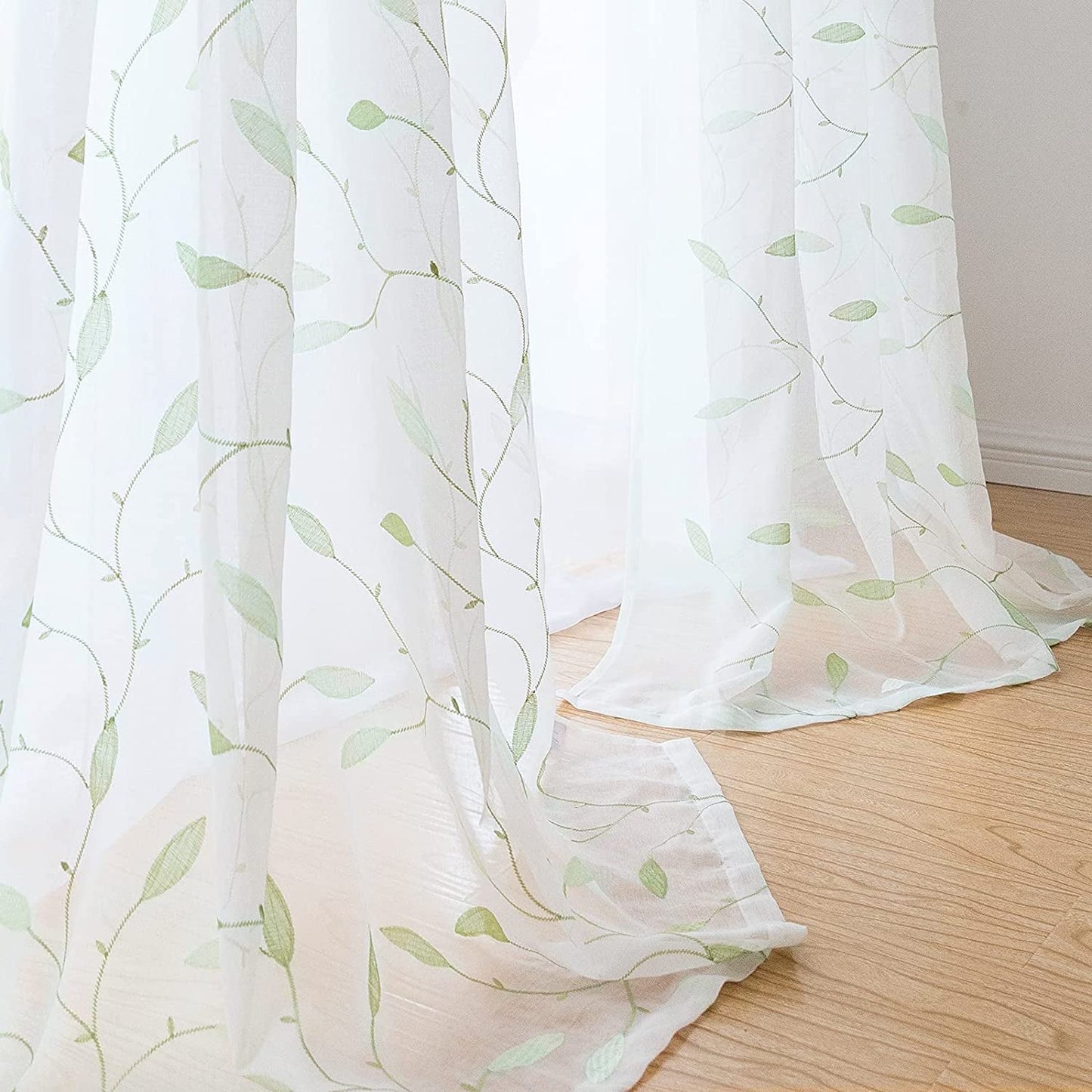 Lazzzy Sheer Curtains Embroidered Floral Leaf Voile Drapes for Bedroom Living Room Grommet Top Window Treatments 2 Panels 84 Inches Green on White