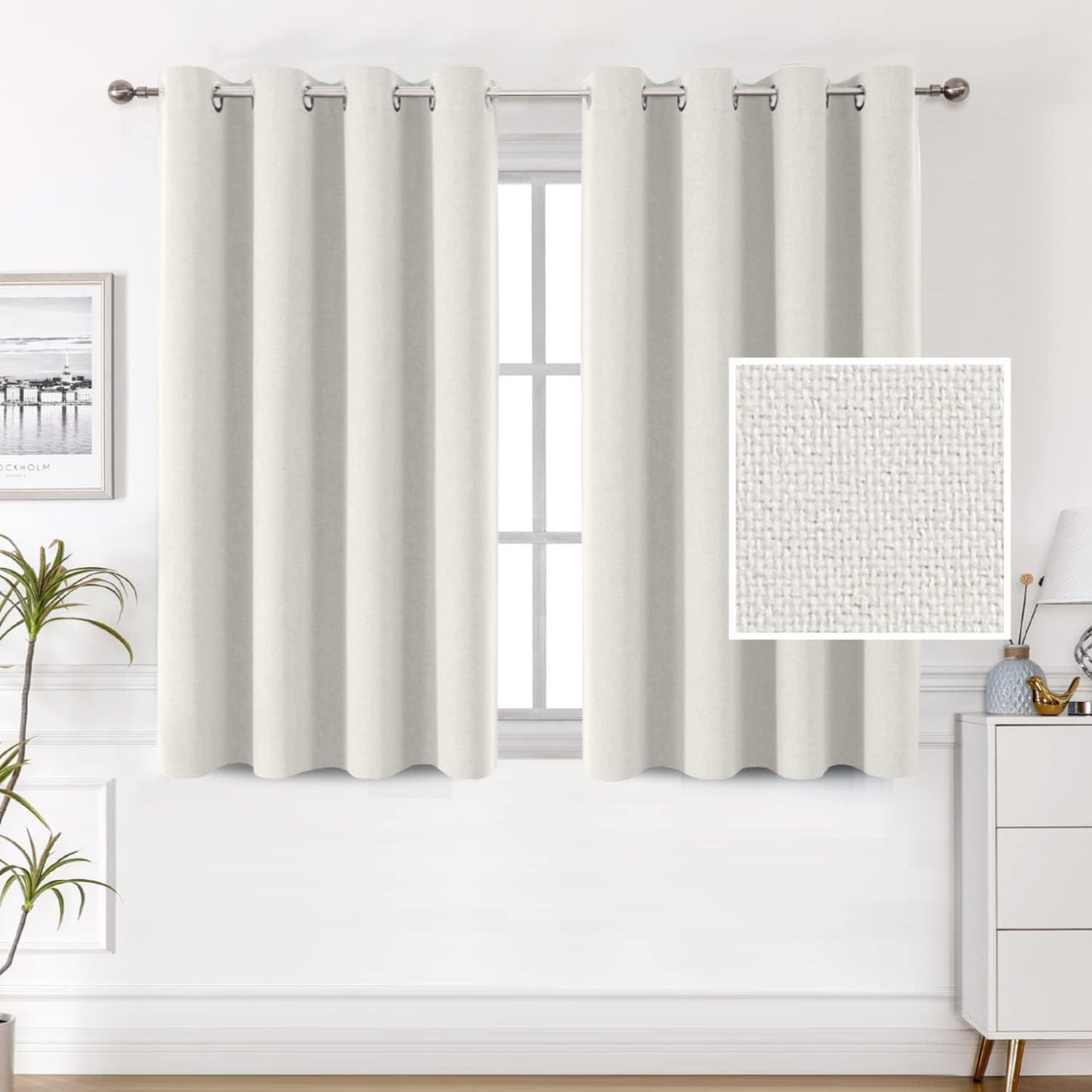 H.VERSAILTEX 100% Blackout Linen Look Curtains Thermal Insulated Curtains for Living Room Textured Burlap Drapes for Bedroom Grommet Linen Noise Blocking Curtains 42 X 84 Inch, 2 Panels - Sage  H.VERSAILTEX Off White 52"W X 45"L 