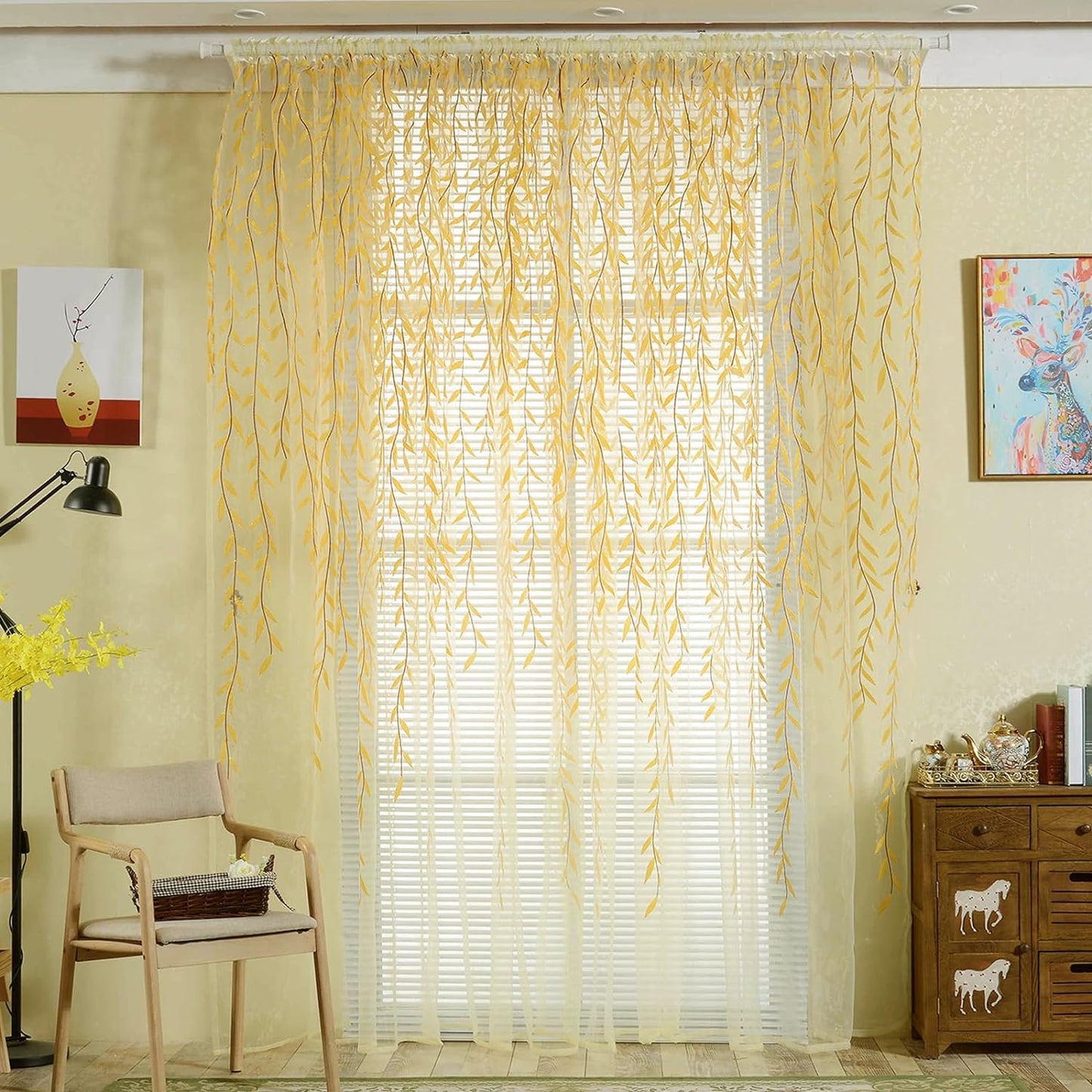 Ufurty Rely2016 Sunflower Window Curtain, 2PCS Sun Flower Floral Voile Sheer Curtain Panels Tulle Room Salix Leaf Sheer Gauze Curtain for Living Room, Bedroom, Balcony - Rod Pocket Top (100 X 200)  Rely2016 Yellow Leaf 100*200Cm 