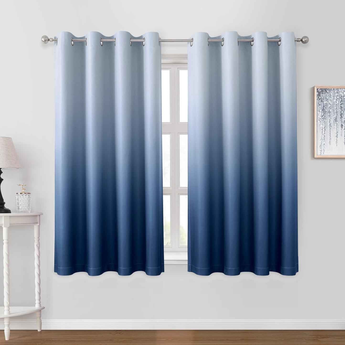 HOMEIDEAS Navy Blue Ombre Blackout Curtains 52 X 84 Inch Length Gradient Room Darkening Thermal Insulated Energy Saving Grommet 2 Panels Window Drapes for Living Room/Bedroom  HOMEIDEAS Navy Blue 52"W X 63"L 