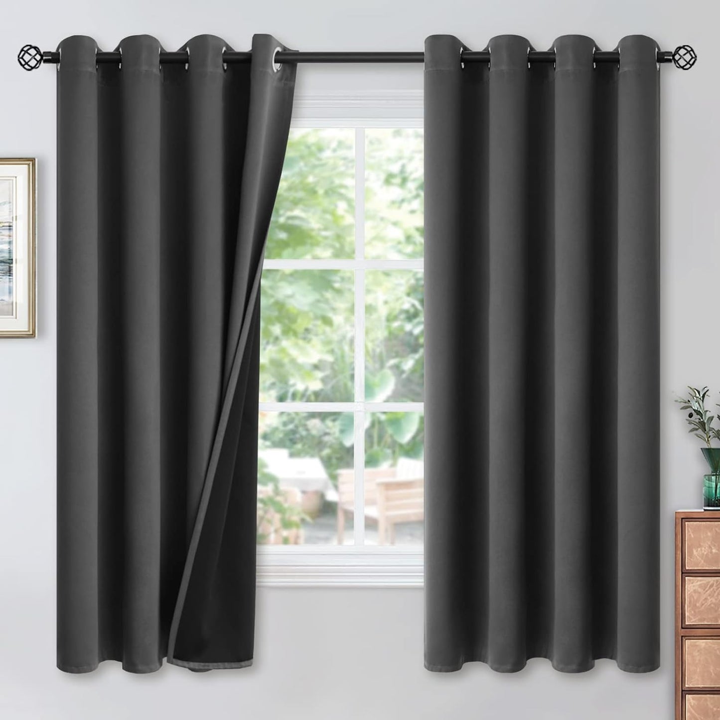 Youngstex Black 100% Blackout Curtains 63 Inches for Bedroom Thermal Insulated Total Room Darkening Curtains for Living Room Window with Black Back Grommet, 2 Panels, 42 X 63 Inch  YoungsTex Dark Grey 52W X 63L 