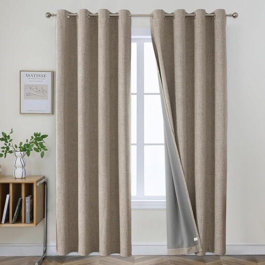 Joydeco 100% Blackout Linen Curtains 96 Inches Long 2 Panels, Thermal Insulated Burlap Curtain & Drapes, Grommet Room Darkening Textured Curtains for Bedroom Living Room (52X95 Inch,Linen)  Joydeco   