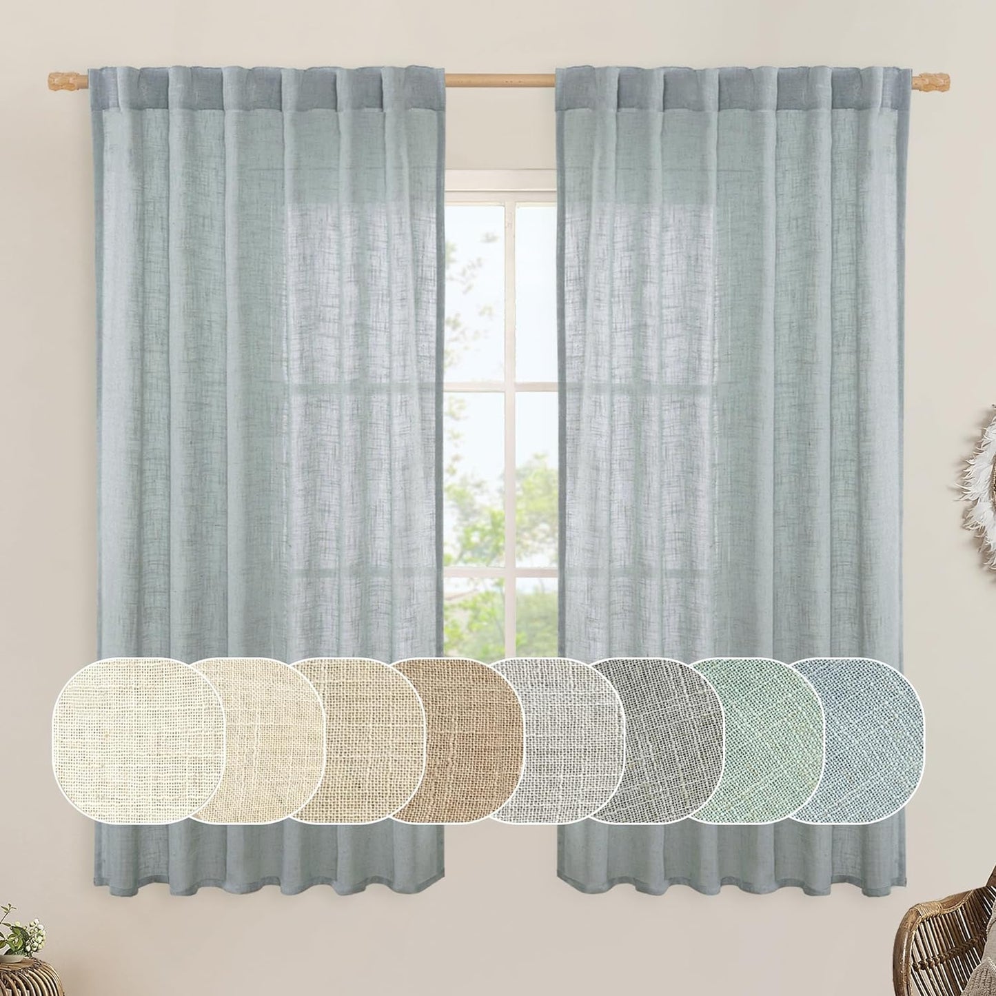 LAMIT Natural Linen Blended Curtains for Living Room, Back Tab and Rod Pocket Semi Sheer Curtains Light Filtering Country Rustic Drapes for Bedroom/Farmhouse, 2 Panels,52 X 108 Inch, Linen  LAMIT Greyish Blue 52W X 63L 