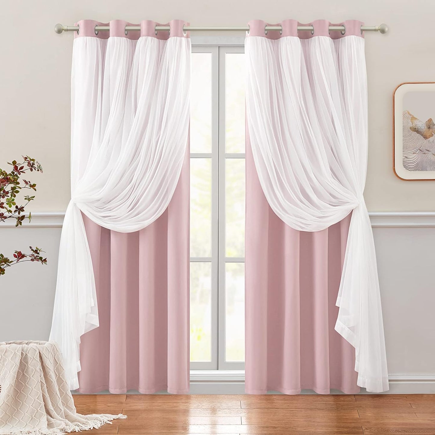 HOMEIDEAS Double Layer Curtains Light Grey Blackout Curtains 84 Inch Length 2 Panels Nursery Curtains for Girls Kids Bedroom Grommet Blackout Curtains with Sheer Overlay  HOMEIDEAS Pink 52" X 84" 