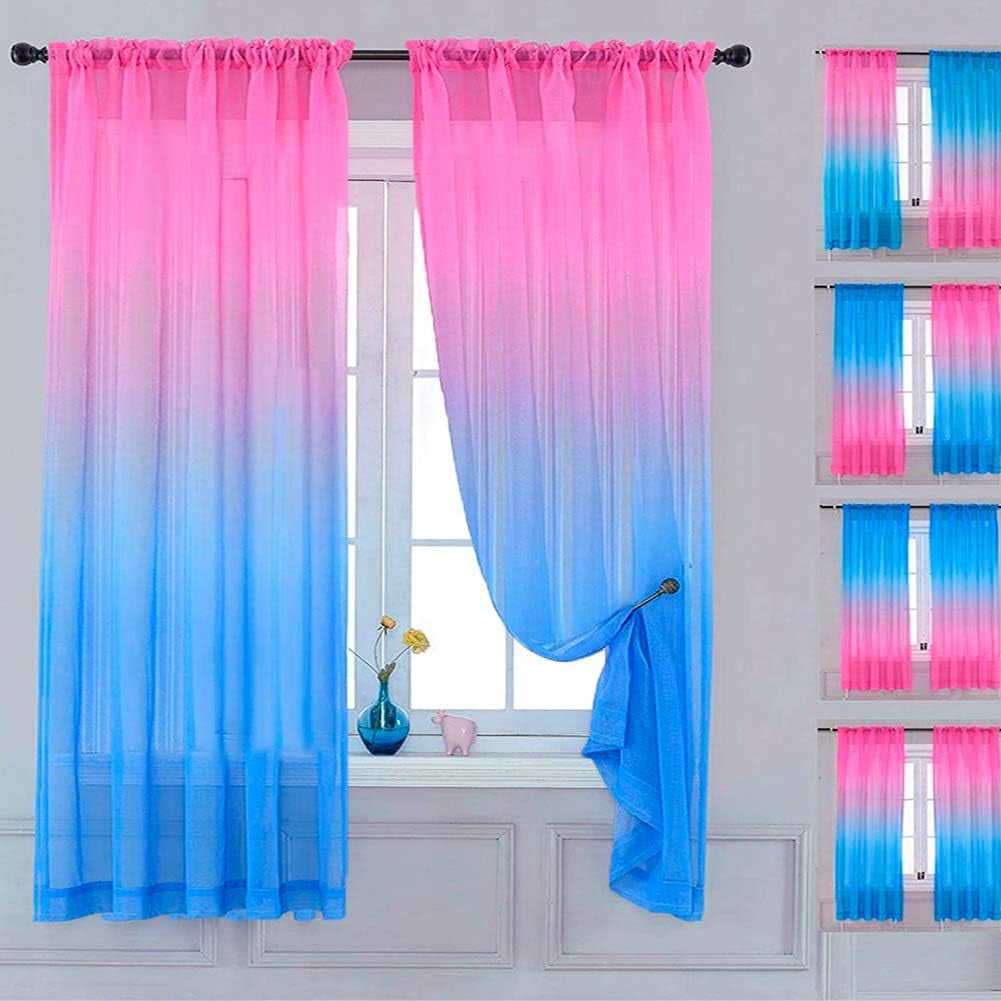 Yancorp 2 Panel Sets Semi Bedroom Curtains 63 Inch Length Sheer Rod Pocket Curtain Linen Teal Turquoise Purple Ombre Girls Living Room Mermaid Bedroom Nursery Kids Decor (Turquoise Purple, 40"X63")  Yancorp Pink Blue 52"X84" 