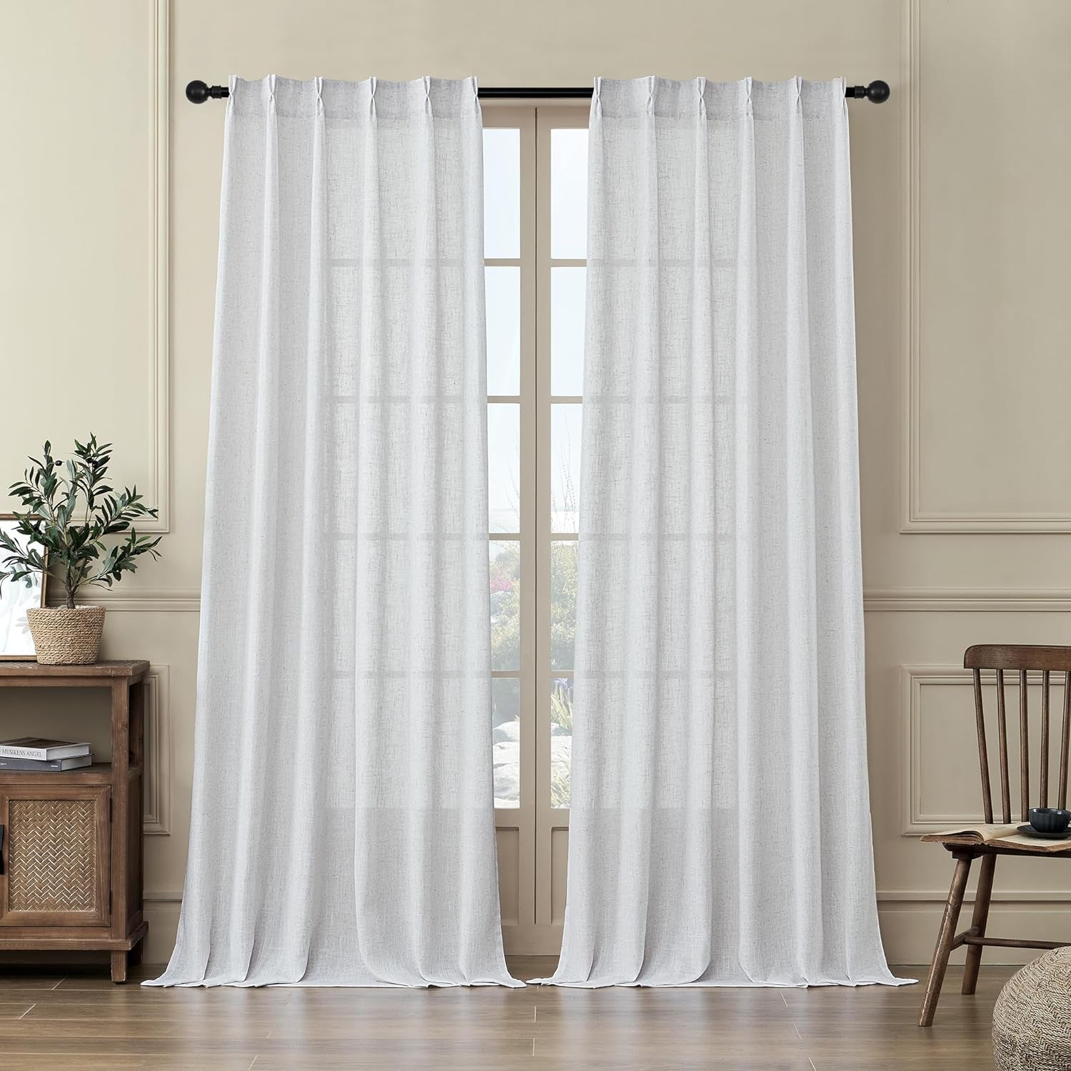 MASWOND White Pinch Pleated Curtains 90 Inches Long 2 Panels for Living Room Semi Sheer Linen Curtains Pinch Pleat Drapes for Traverse Rod Light Filtering Curtains for Dining Bedroom W38Xl90 Length  MASWOND   