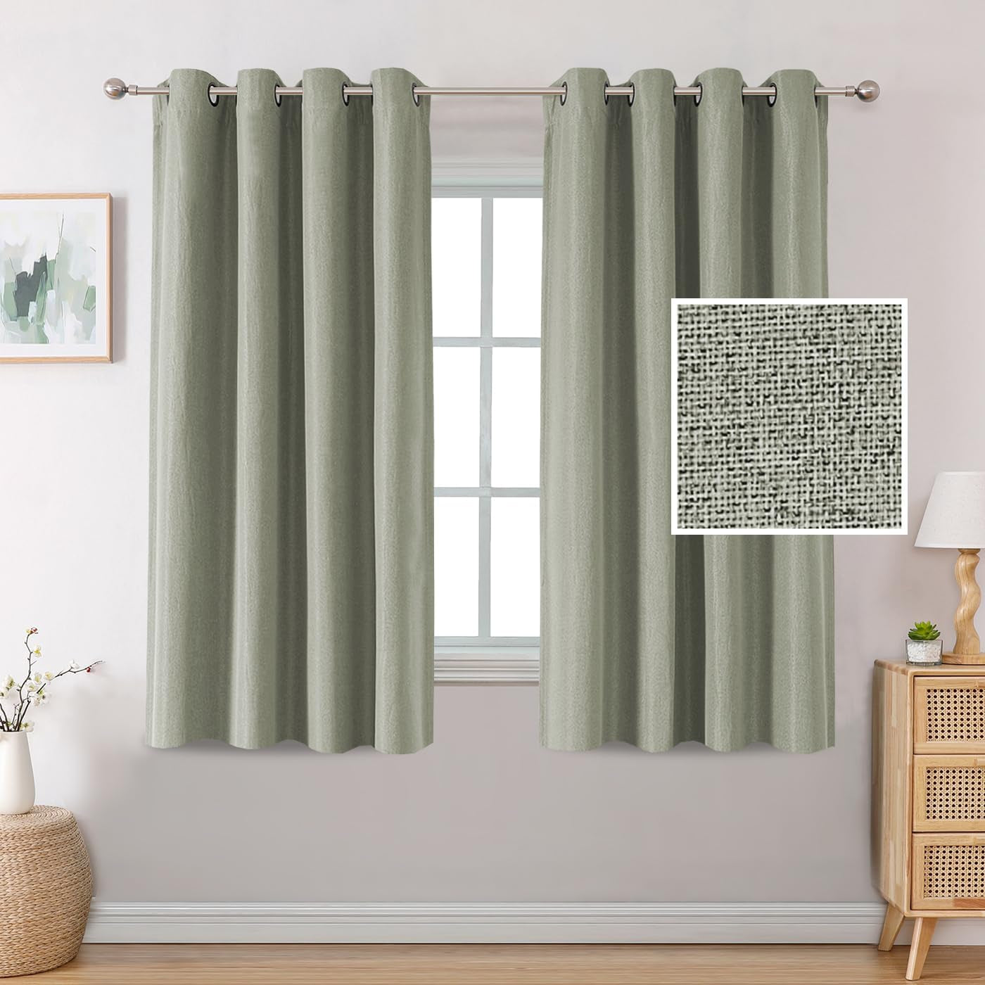 H.VERSAILTEX Linen Blackout Curtains 84 Inches Long Thermal Insulated Room Darkening Linen Curtains for Bedroom Textured Burlap Grommet Window Curtains for Living Room, Bluestone and Taupe, 2 Panels  H.VERSAILTEX Sage 52"W X 54"L 