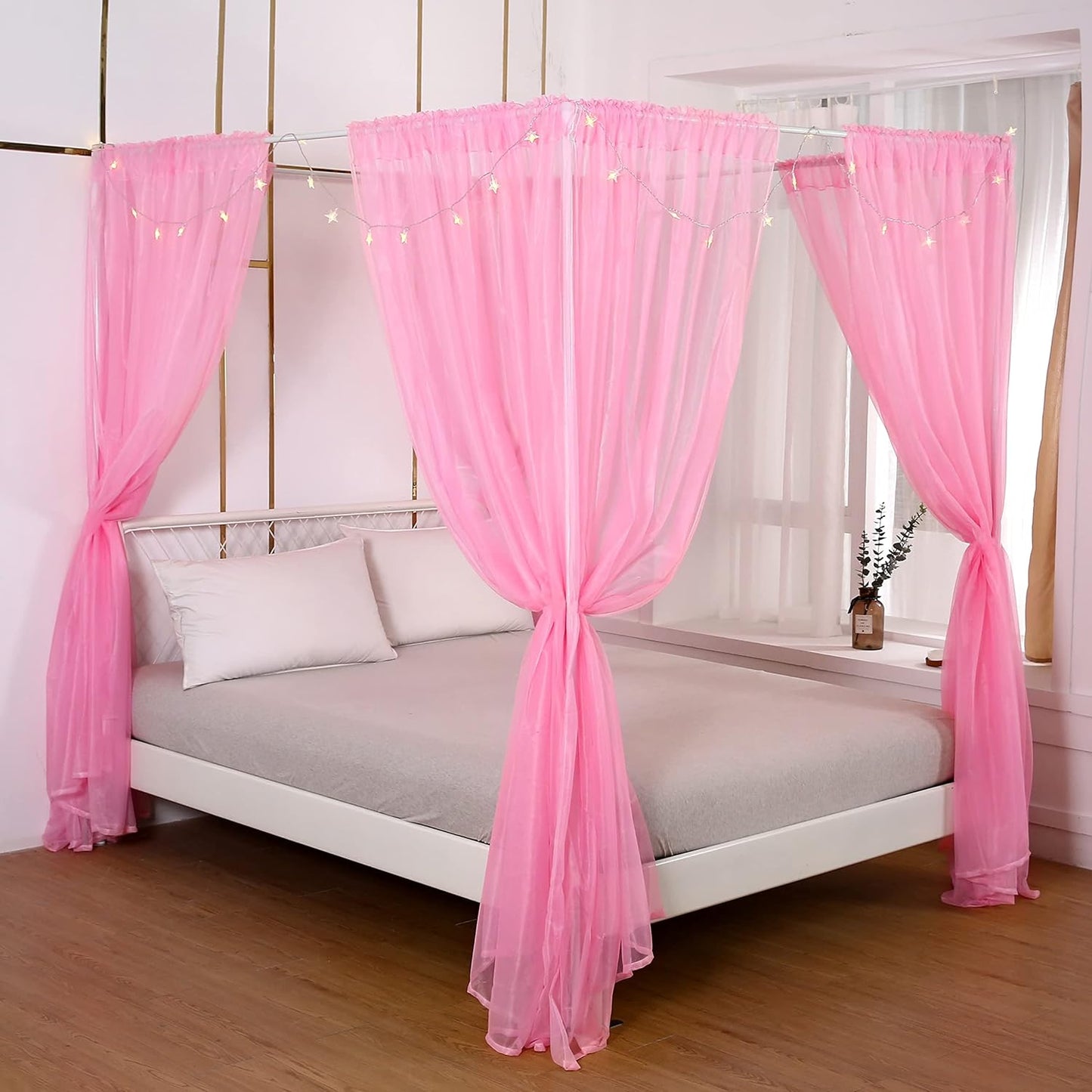 Akiky Princess Canopy Bed Curtains Bed Canopy Curtains with Lights for Queen Size Bed Drapes,8 Panels Canopies with 2 Lights,Room Décor (Full/Queen, White)  Akiky Pink King 