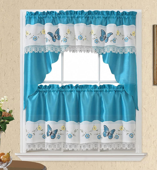 GOHD Lace Butterfly Cafe Curtain/Swag & Tiers Set, Luxury Satin Fabric with Matching Color Butterfly Embroidery and White Lace. (Blue, Swag and 24 Inches Tiers Set)