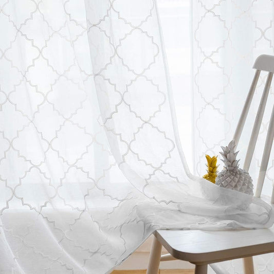 White Sheer Curtains 84 Inches Long, Rod Pocket Sheer Drapes for Living Room, Bedroom, 2 Panels, 52"X84", Embroidered Moroccan Tile Lattice Design Semi Voile Window Treatments for Yard, Patio, Villa.  Mystic Home Trellis White 52"Wx84"L 