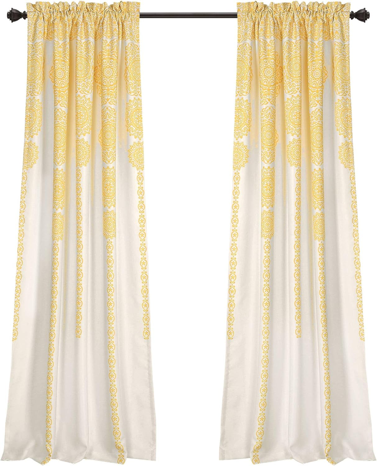 Lush Decor Stripe Medallion Curtains Fabric Mandala Bohemian Damask Print Light Filtering Window Panel Set for Living, Dining, Bedroom (Pair), 84"L X 52"W, Yellow  Triangle Home Fashions   
