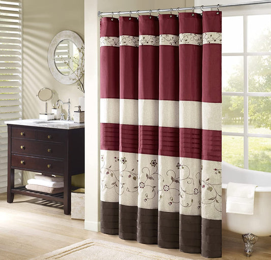 Madison Park Serene Flora Fabric Shower Curtain, Mbroidered Transitional Shower Curtains for Bathroom, 72" X 72", Red