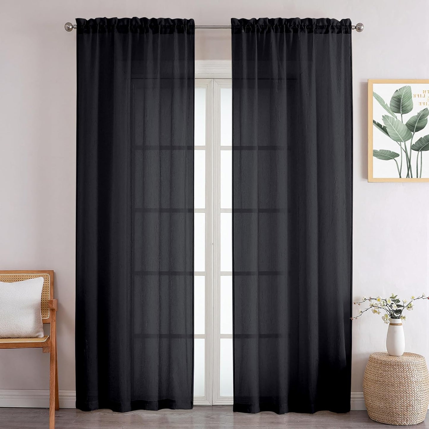 Crushed Sheer White Curtains 63 Inch Length 2 Panels, Light Filtering Solid Crinkle Voile Short Sheer Curtian for Bedroom Living Room, Each 42Wx63L Inches  Chyhomenyc Black 42 W X 96 L 