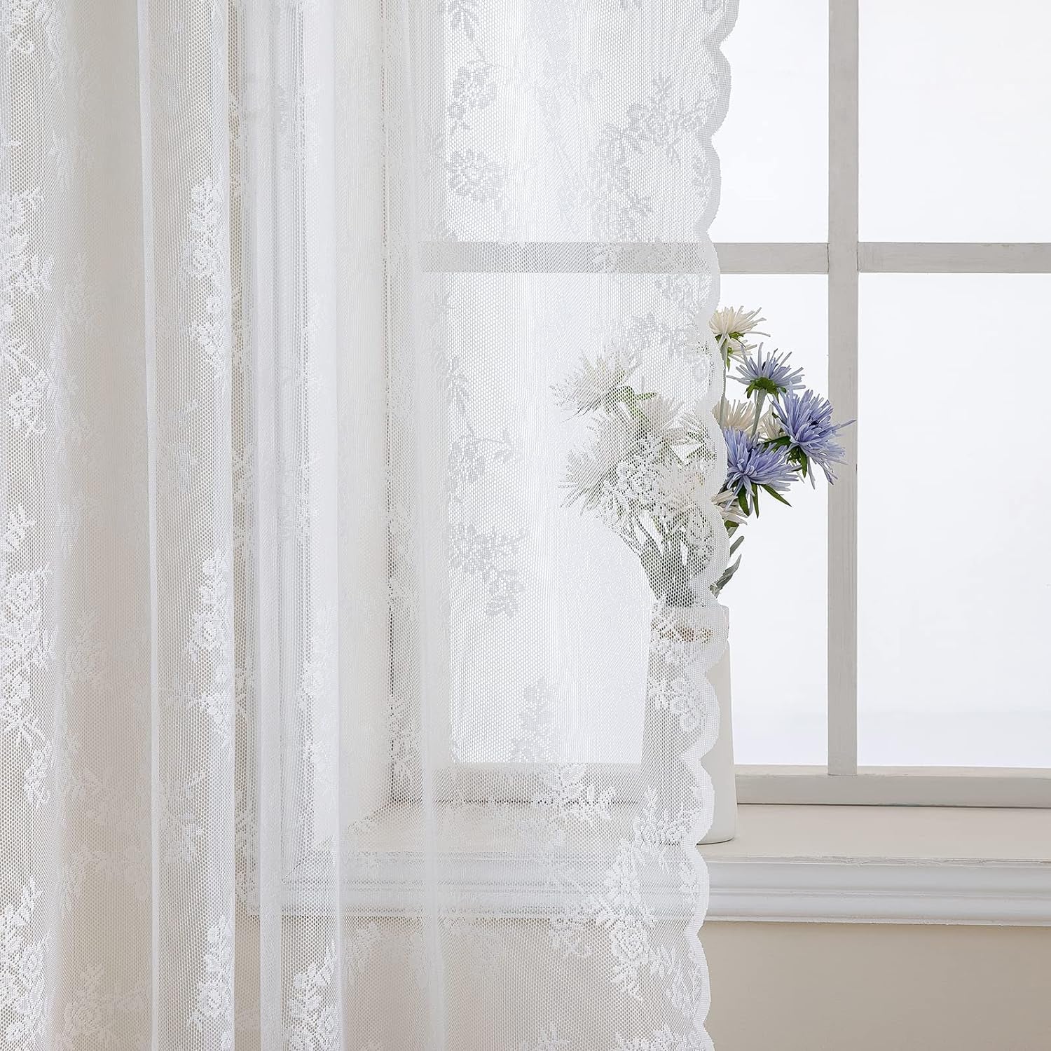 MIULEE White Lace Curtains 84 Inches Long for Living Room Bedroom, Scalloped Sheer Curtains Rose Floral Embroidered Farmhouse Window Drapes Vintage European Tulle Retro Style, Rod Pocket, 2 Panels Set  MIULEE   