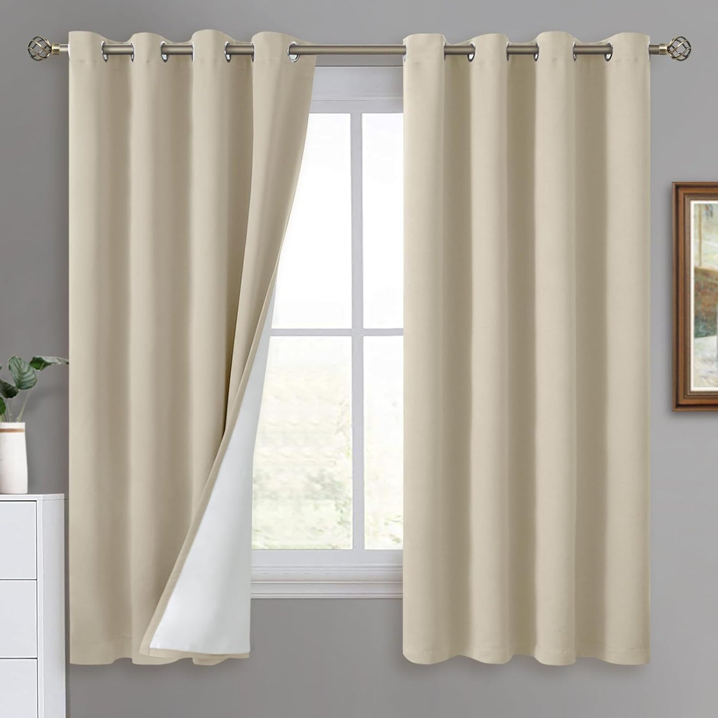 QUEMAS Short Blackout Curtains 54 Inch Length 2 Panels, 100% Light Blocking Thermal Insulated Soundproof Grommet Small Window Curtains for Bedroom Basement with Black Liner, Each 42 Inch Wide, White  QUEMAS Beige + White Lining W52 X L72 