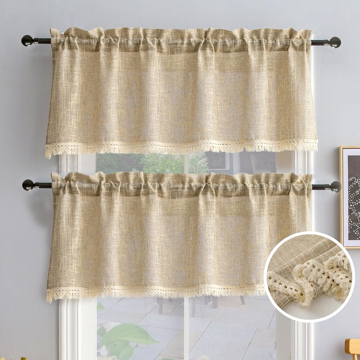 Beda Home Tassel Linen Textured Swag Curtain Valance for Farmhouses’ Kitchen; Light Filtering Rustic Short Swag Topper for Small Windows Bedroom Privacy Added Rod Pocket Design(Nature 36X63-2Pcs)  BD BEDA HOME Taupe 52Wx18L - 2 Pcs 