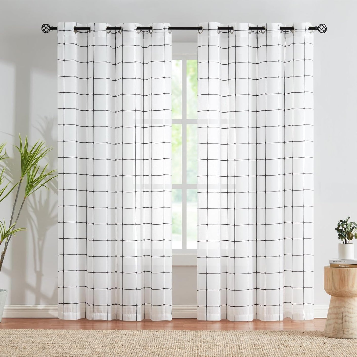 Treatmentex Buffalo Check Curtains 84Inch Farmhouse Pom Pom Drapes for Living Room Vintage Gingham Plaid Semi Sheer Tan Window Curtains for Bedroom Kitchen 2 Panels Rod Pocket Taupe and White  Natural Decoratex Sheer Charcoal Grey 52"W X 95"L 