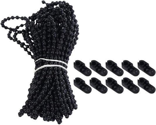 10 Meters (10.94 Yards) with 10 Pcs of Connectors for Roller Blind Bead Chain Cord, Black Plastic Shade Blind Beaded Chain Cord with Connector Clips