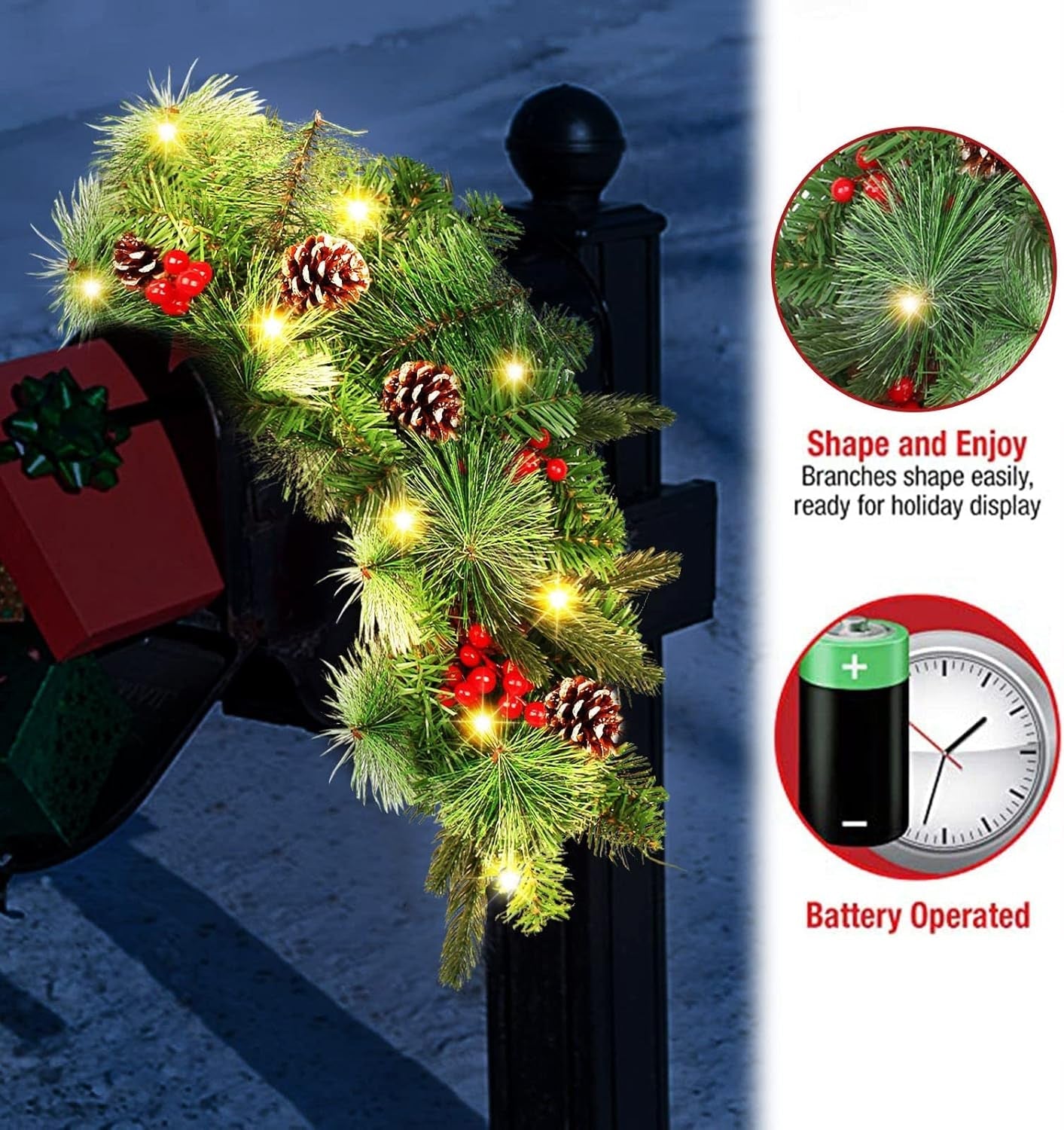 Mailbox Swag Christmas Decorations, 37 Inch Christmas Mailbox Swag with Lights Wintry Berries Xmas Mailbox Swag Garland Artificial Christmas Swag, Pine Cone and Red Berries Door Swag Home Decor