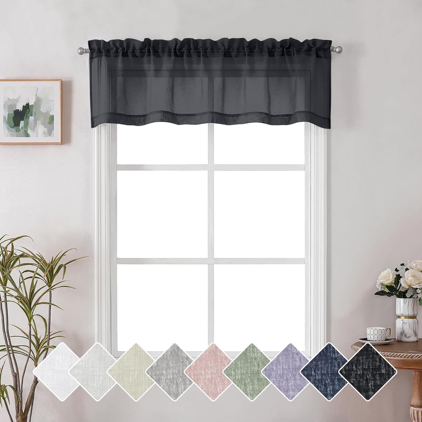 Lecloud Doris Faux Linen Sheer Grey Valance Curtains 14 Inches Length, Cafe Kitchen Bedroom Living Room Gauzy Silver Grey Curtain for Small Window, Slub Light Gray Valance Dual Rod Pockets 60X14 Inch  Lecloud Black 60 W X 14 L 