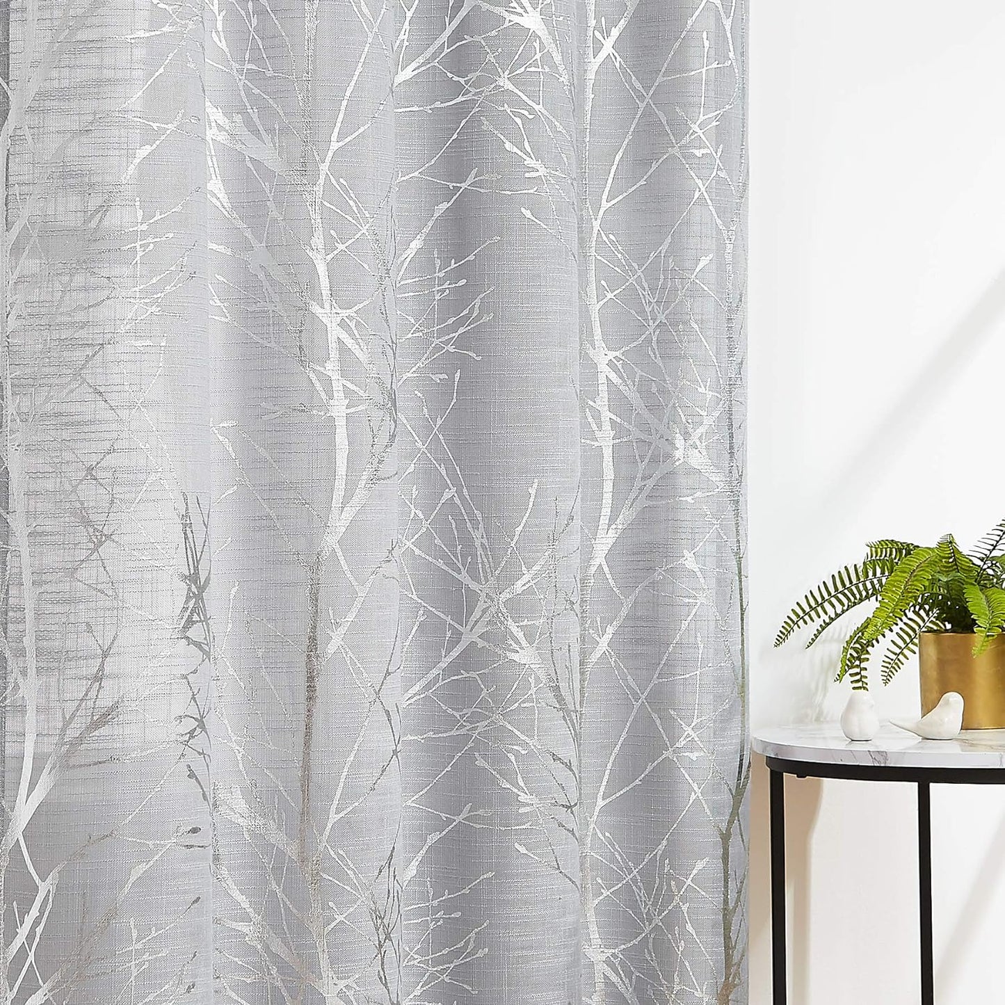 FMFUNCTEX Blue White Curtains for Kitchen Living Room 72“ Grey Tree Branches Print Curtain Set for Small Windows Linen Textured Semi-Sheer Drapes for Bedroom Grommet Top, 2 Panels  Fmfunctex Semi-Sheer: Grey + Foil Silver 50" X 63" |2Pcs 