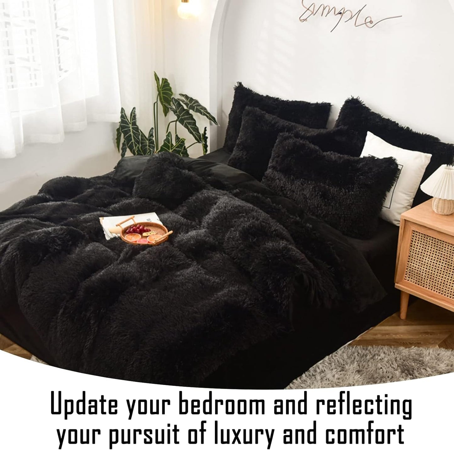 Morromorn Fluffy Comforter Duvet Cover Set, 5 Pcs Bedding Sets Faux Fur Plush Velvet Shaggy Ultra Soft Luxury for King Cal King Size Black