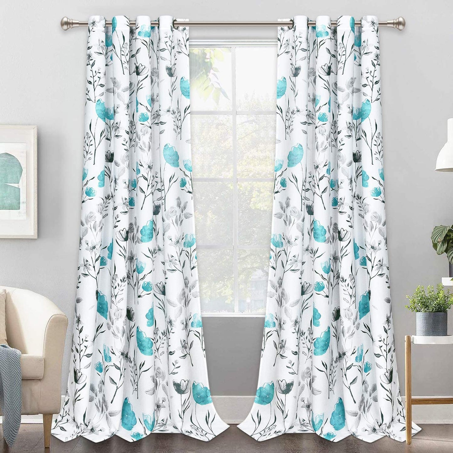 Likiyol Floral Kithchen Curtains 36 Inch Watercolor Flower Leaves Tier Curtains, Yellow and Gray Floral Cafe Curtains, Rod Pocket Small Window Curtain for Cafe Bathroom Bedroom Drapes  Likiyol Teal 96"L X 52"W 