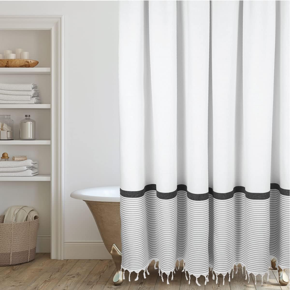 HALL & PERRY Modern Farmhouse Tassel Shower Curtain 100% Cotton Striped Fabric Shower Curtain with Tassels for Bathroom Décor (Black 5, 72"X72")