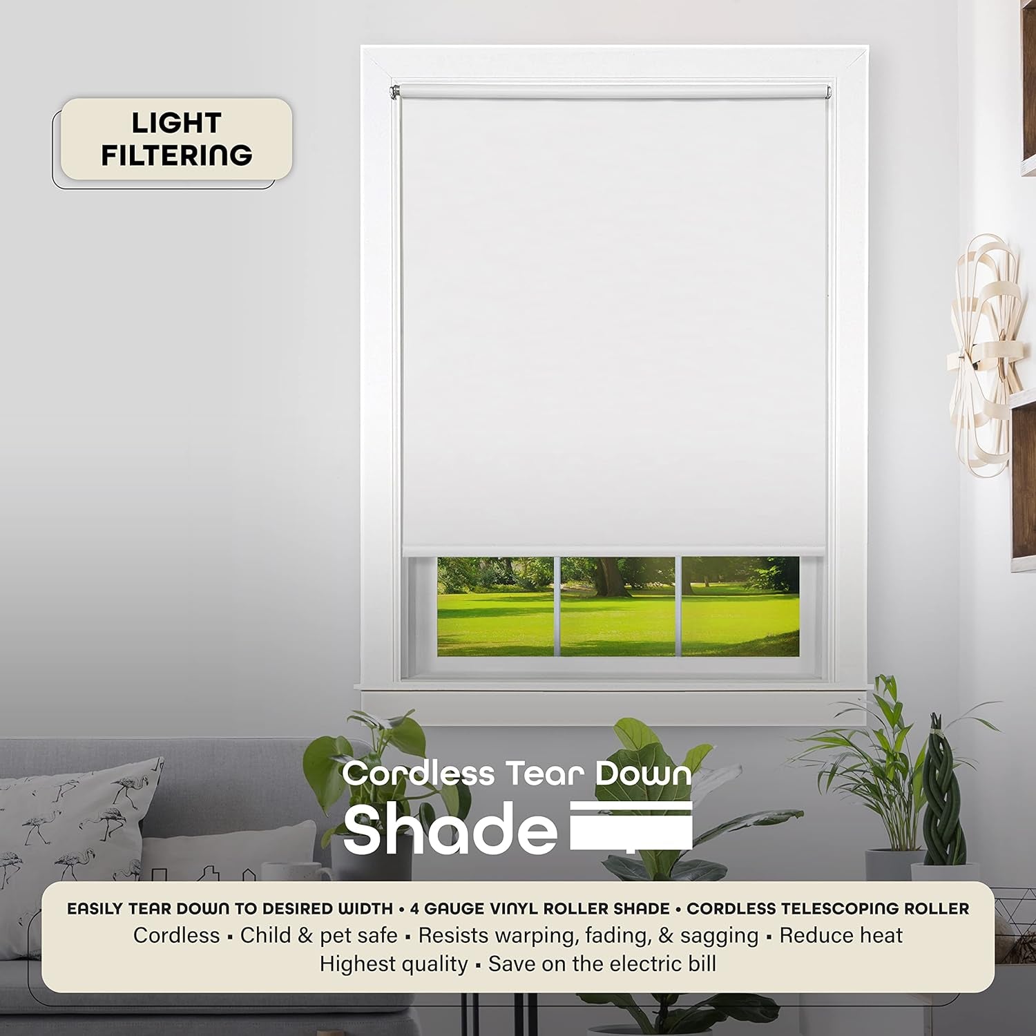Cordless Tear down Light Filtering Shade - 37 Inch Width, 72 Inch Length - White- Cord-Free Customizable Room Darkening Horizontal Mini Vinyl Windows Blinds for Interior by Achim Home Decor