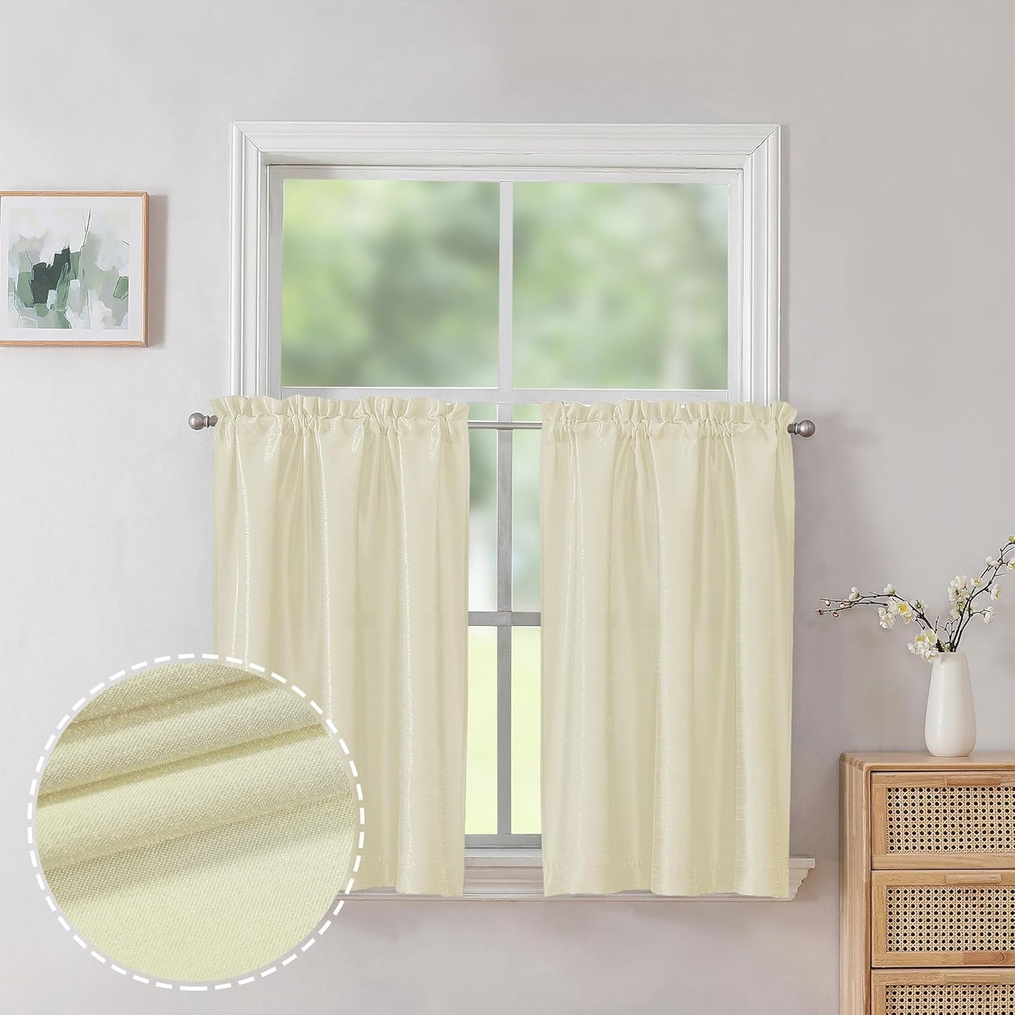 Chyhomenyc Uptown Sage Green Kitchen Curtains 45 Inch Length 2 Panels, Room Darkening Faux Silk Chic Fabric Short Window Curtains for Bedroom Living Room, Each 30Wx45L  Chyhomenyc Ivory 2X40"Wx36"L 