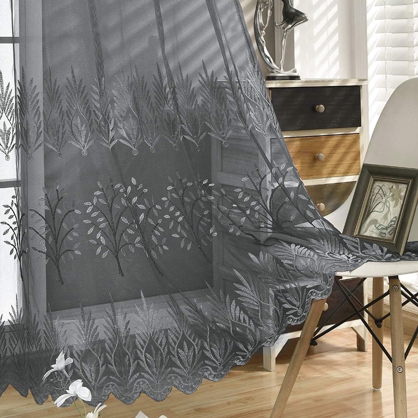 DONREN Tree Branch Printed Embroidery Sheer Curtains for Bedroom - Luxury Plum Purple Embroidery Sheer Curtain Panels for Living Room (W 52 X L 84 Inch,2 Panels)  DONREN Grey 52" X 84" 