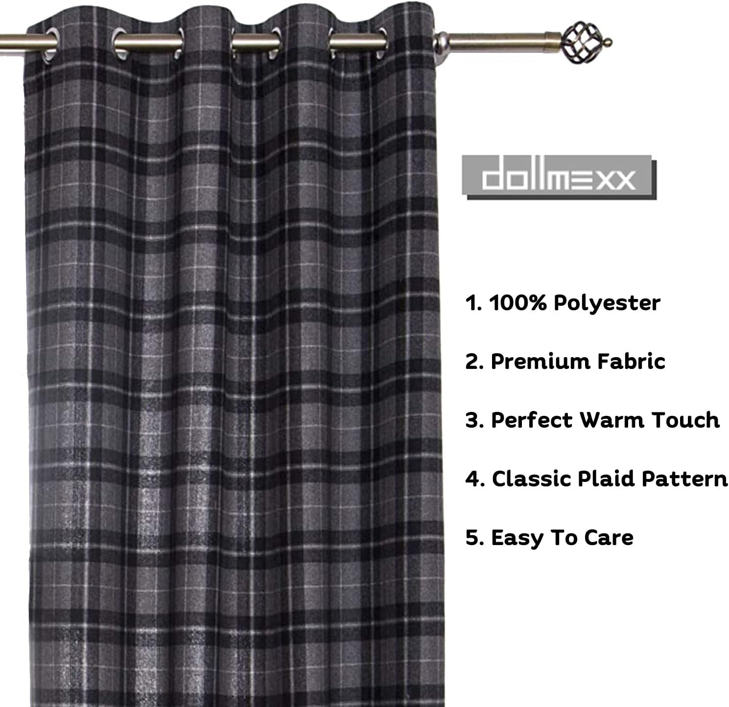 DOLLMEXX Plaid Window Curtains for Bedroom,Lumberjack Fashion Buffalo Style Checks Pattern Retro Style with Grid Composition, Living Room Window Drapes（2 Panels, 52"X84", Black with Grey）  DOLLMEXX   