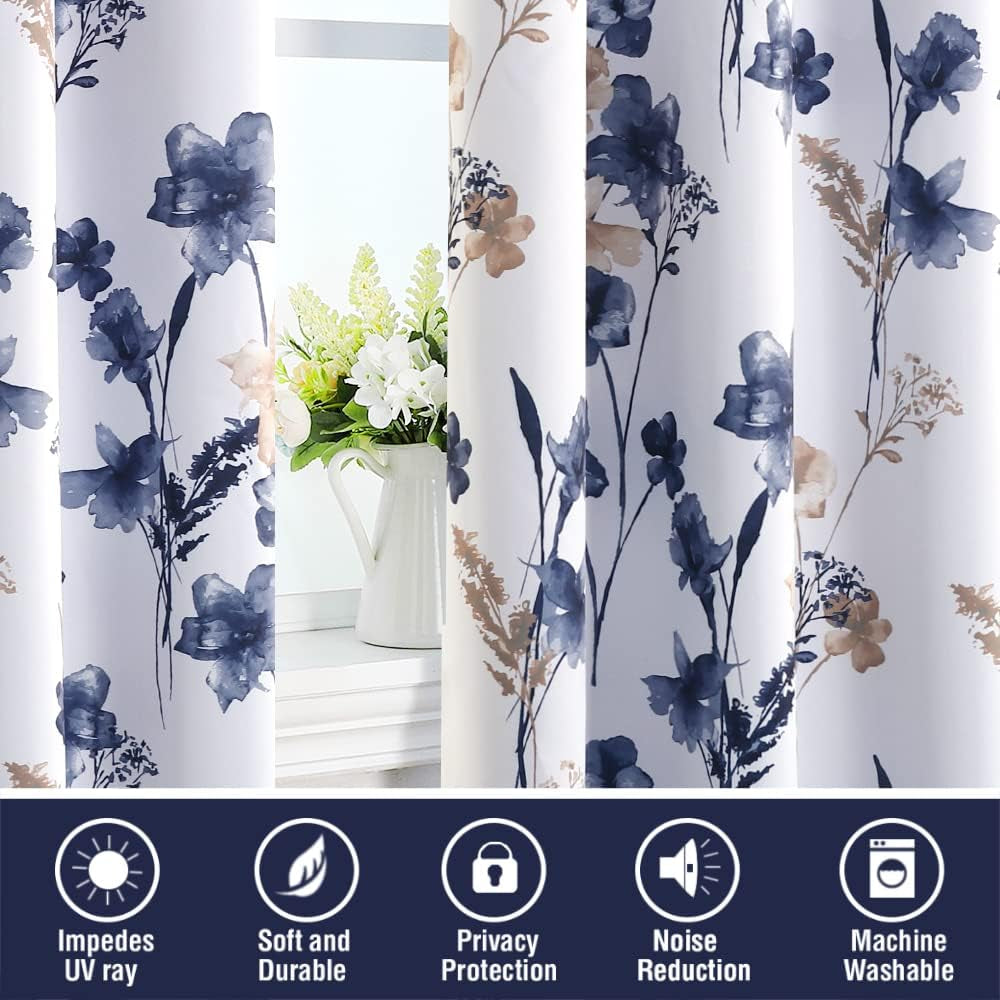 H.VERSAILTEX 100% Blackout Curtains for Bedroom Cattleya Floral Printed Drapes 84 Inches Long Leah Floral Pattern Full Light Blocking Drapes with Black Liner Rod Pocket 2 Panels, Navy/Taupe  H.VERSAILTEX   