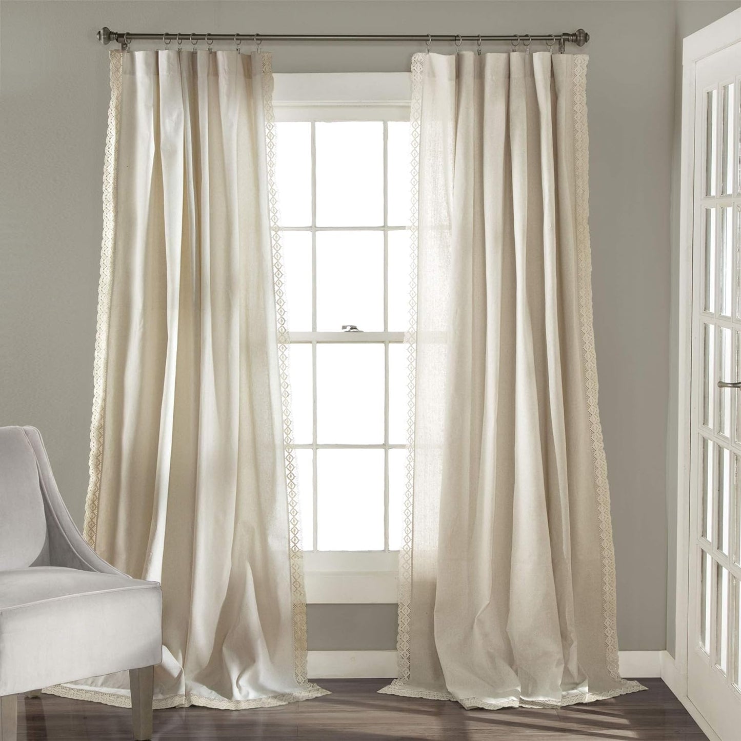Lush Decor Rosalie Light Filtering Window Curtain Panel Set- Pair- Vintage Farmhouse & French Country Style Curtains - Timeless Dreamy Drape - Romantic Lace Trim - 54" W X 84" L, White  Triangle Home Fashions Ivory Window Panel 84"L X 54"W