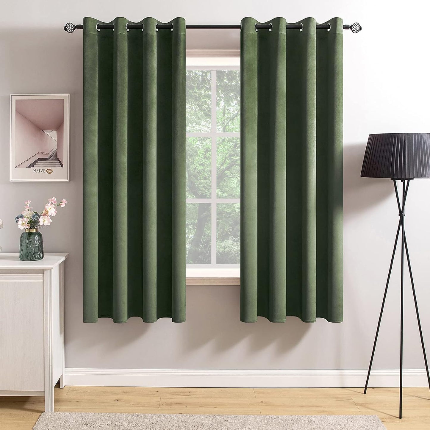 MIULEE Velvet Curtains Olive Green Elegant Grommet Curtains Thermal Insulated Soundproof Room Darkening Curtains/Drapes for Classical Living Room Bedroom Decor 52 X 84 Inch Set of 2  MIULEE Olive Green W52 X L63 
