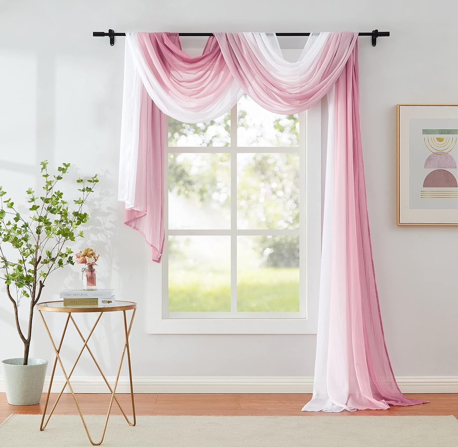 1 Piece Ombre Chiffon Sheer Window Scarf Valance Curtains 18Ft for Living Room, Home Decor, 52"X216" Long Crinkle Soft Window Top Sheer Voile Valance for Wedding Party Decor, Grey