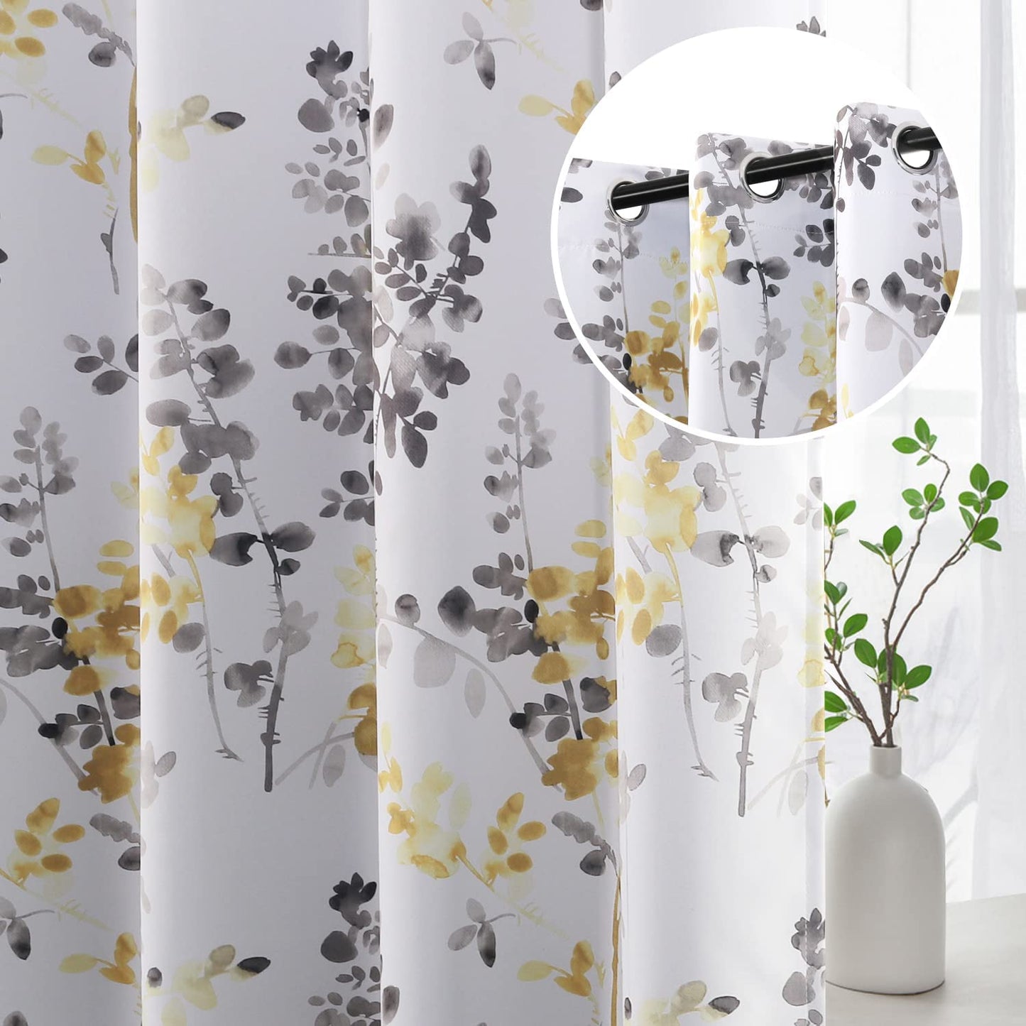H.VERSAILTEX Blackout Curtains 45 Inch Length 2 Panels Set Room Darkening Thermal Curtains for Bedroom Sound Proof Grommet Floral Curtains, Bluestone and Taupe Vintage Classical Floral Printing  H.VERSAILTEX Grey/Yellow 52"W X 84"L 