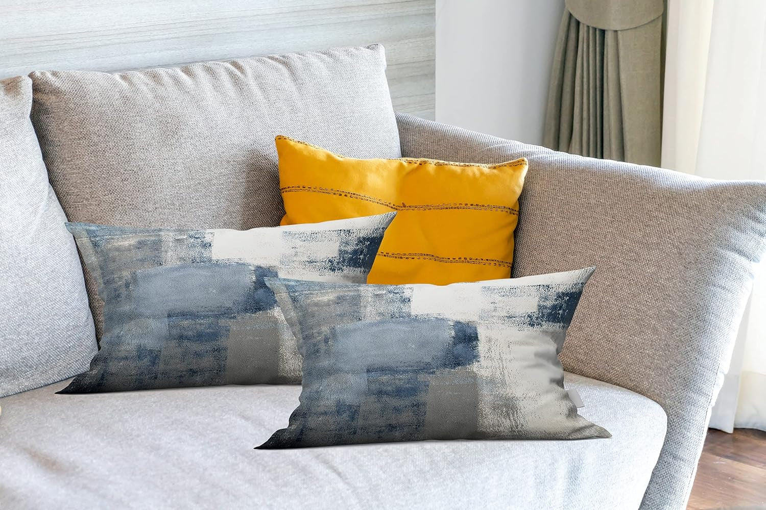 2PC Lumbar Decor Throw Pillow Covers Blue and Grey Cushions Rectangle Design Abstract Art Painting Style Modern Contemporary Home Decorative Cushion Pillow Cases 12" X 20" Pillowcases