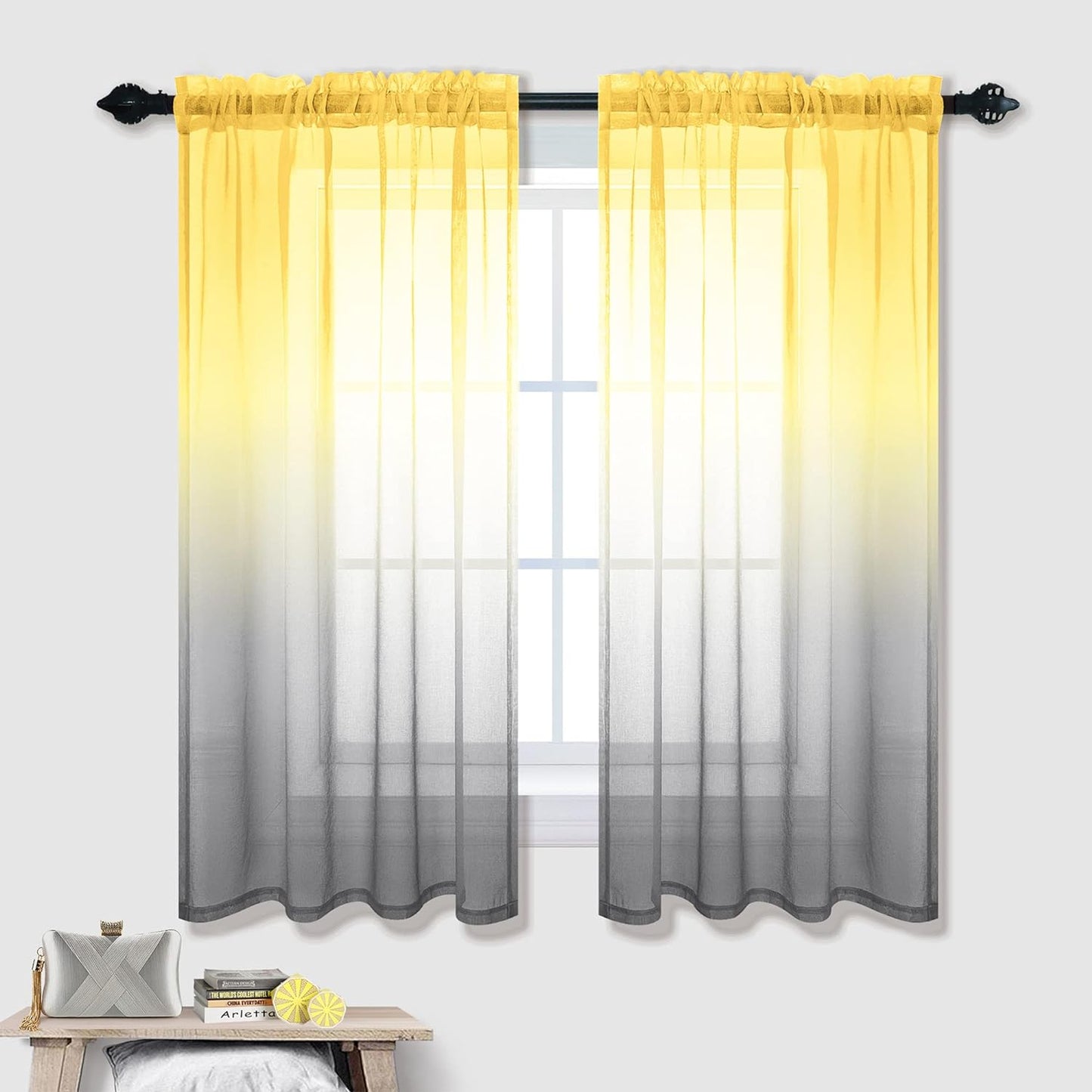 Spring Sheer Curtains for Living Room with Rod Pocket Window Treatments Decor 84 Inch Length Bedroom Curtain Set of 2 Panels Yellow and Grey Gray  PITALK TEXTILE Yellow And Grey 42X45 