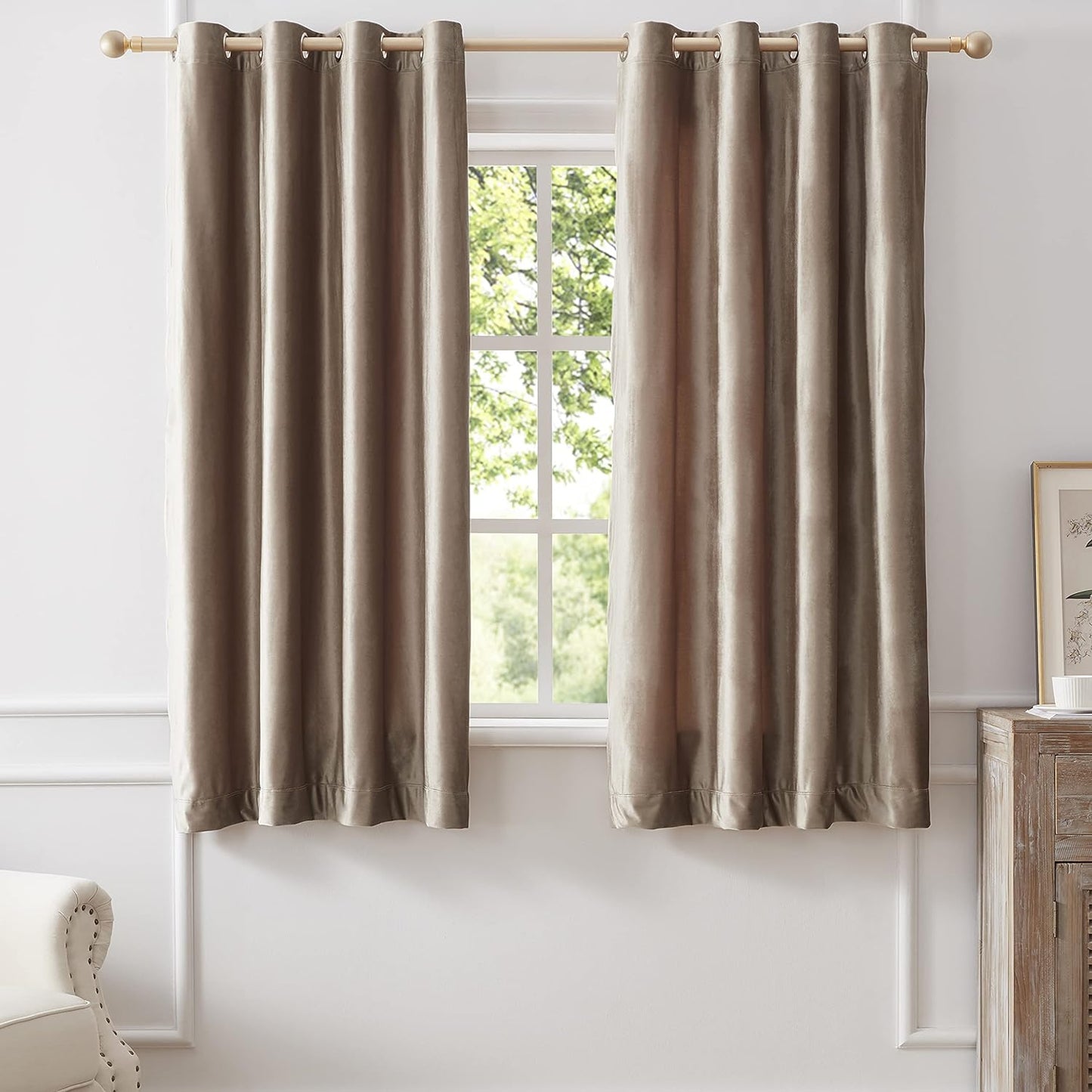 BULBUL Velvet Gold Curtains 84 Inch Length- Living Room Blackout Thermal Window Drapes Darkening Decor Grommet Curtains for Bedroom Set of 2 Panels  BULBUL Taupe 52"W X 63"L 