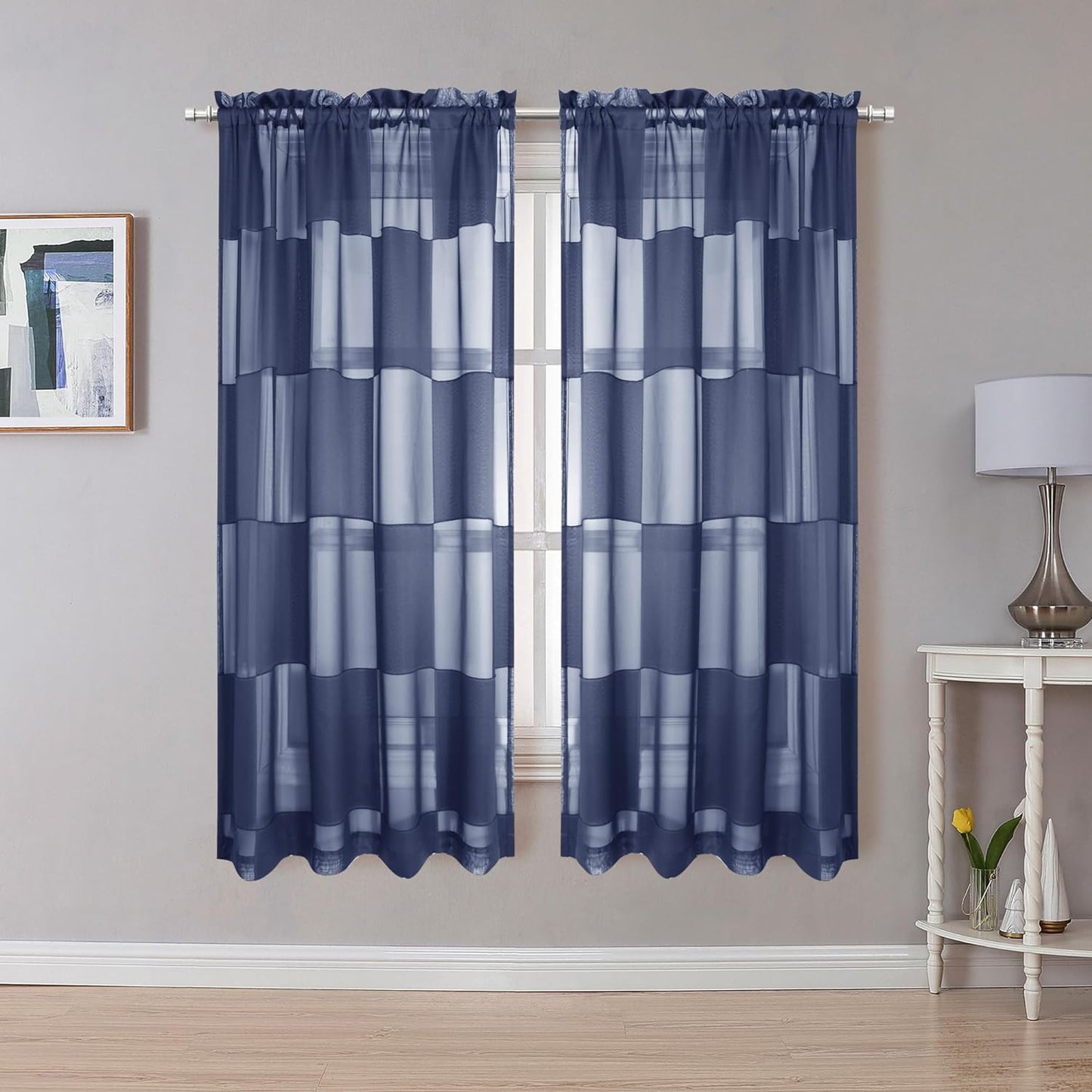 OVZME Sage Green Sheer Bedroom Curtains 84 Inch Length 2 Panels Set, Dual Rod Pocket Clip Checkered Window Curtains for Living Room, Light Filtering & Privacy Sheer Green Drapes, Each 42W X 84L  OVZME Navy Blue 42W X 63L 