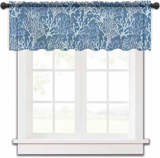 Navy Blue Coral Valance Curtains for Kitchen/Living Room/Bathroom/Bedroom Window,Rod Pocket Small Topper Half Short Window Curtains Voile Sheer Scarf, Summer Beach Sea Abstract Geometric White 42"X12"