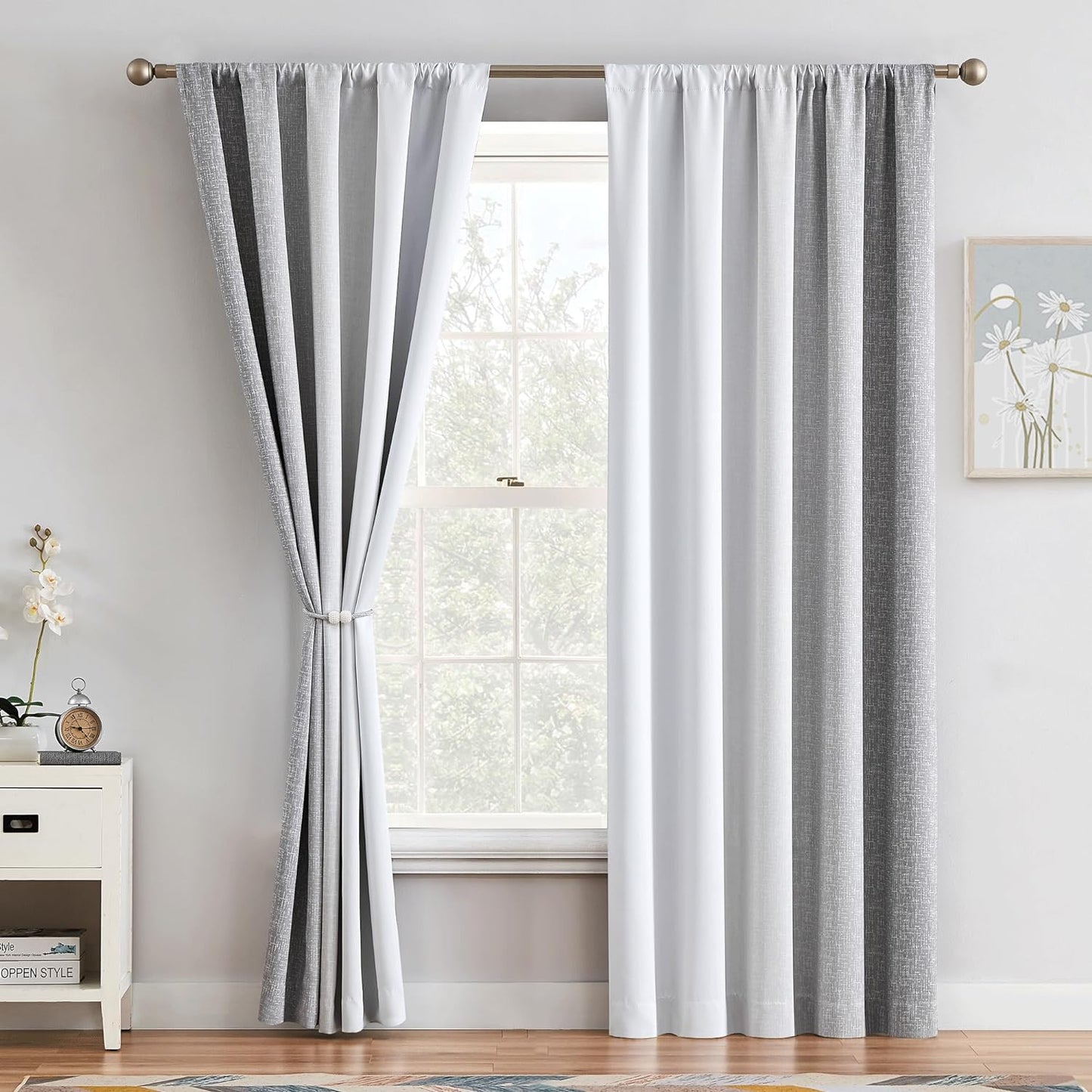 Geomoroccan Ombre 100% Blackout Curtains 84 Inches Long, Pink and White 2 Tone Reversible Window Treatments for Bedroom Living Room, Linen Gradient Print Rod Pocket Drapes 52" W 2 Panel Sets  Geomoroccan Grey 52"X95"X2 