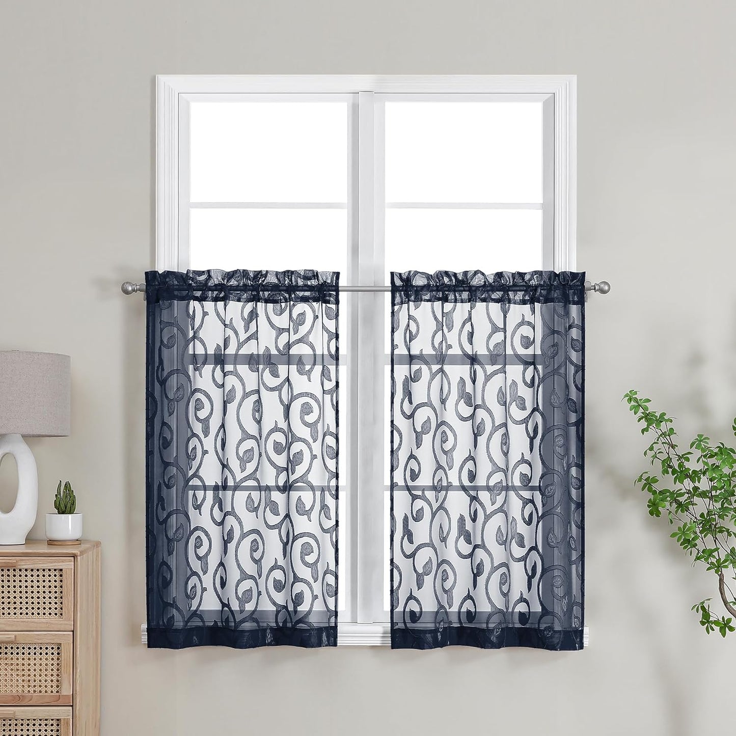 OWENIE Furman Sheer White Curtains 84 Inches Long for Bedroom Living Room 2 Panels Set, White Curtains Jacquard Clip Light Filtering Semi Sheer Curtain Transparent Rod Pocket Window Drapes, 2 Pcs  OWENIE Navy Blue 26W X 36L 