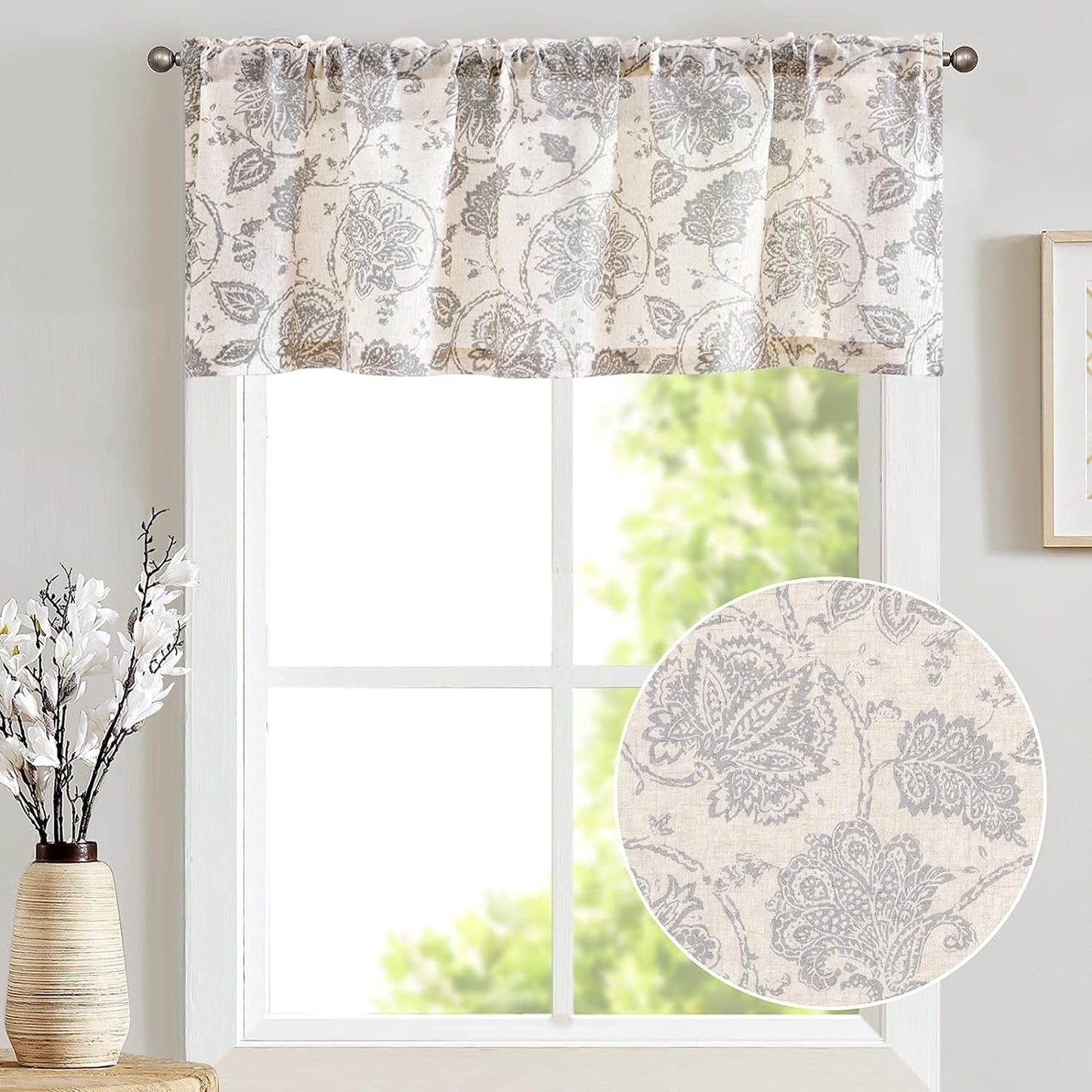 Jinchan Floral Valance for Windows Kitchen Valance Window Treatment Scroll Valance Curtain Paisley Small Window Curtain Farmhouse Country Window Valance 1 Panel Rod Pocket 18 Inches Grey on Beige