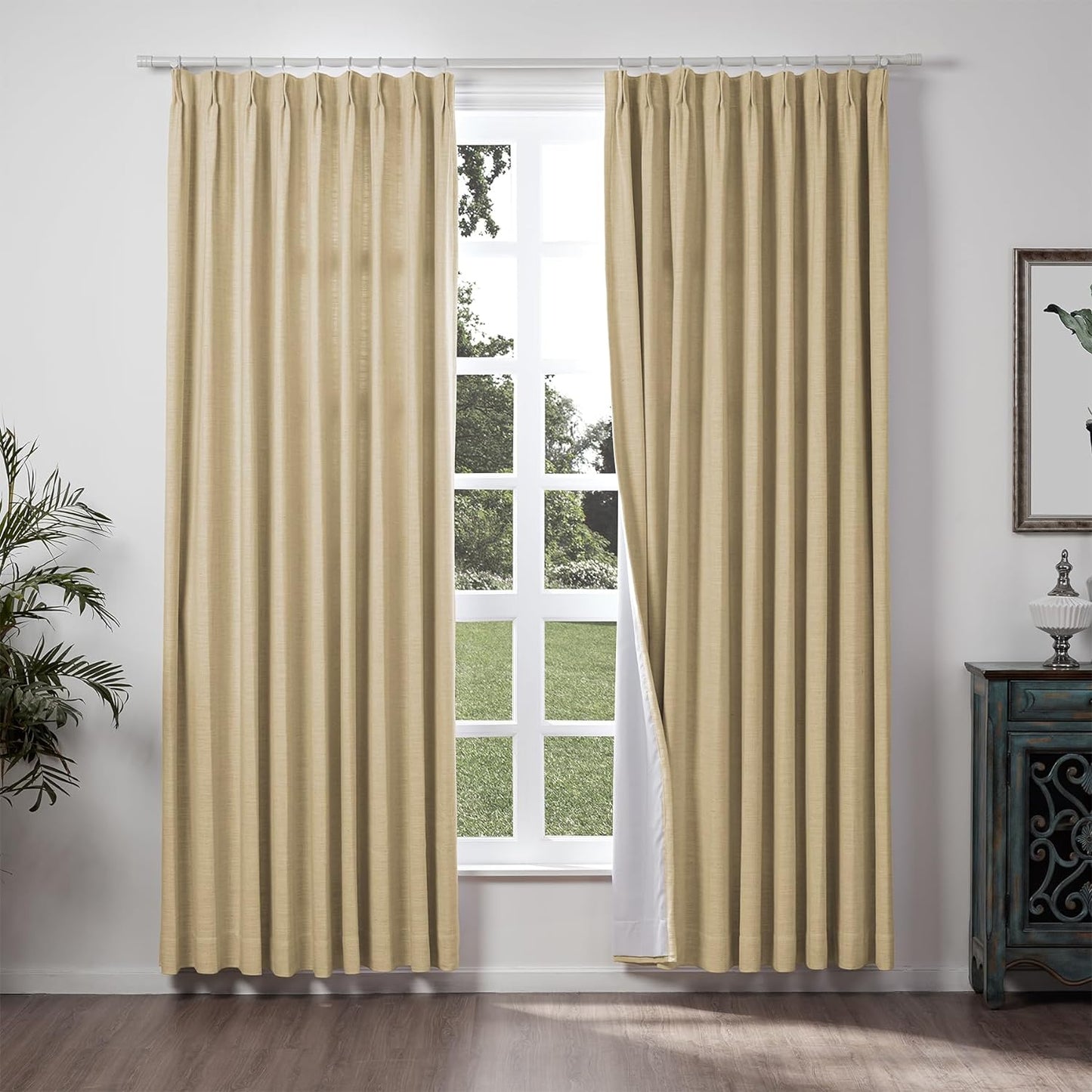 Chadmade 50" W X 63" L Polyester Linen Drape with Blackout Lining Pinch Pleat Curtain for Sliding Door Patio Door Living Room Bedroom, (1 Panel) Sand Beige Tallis Collection  ChadMade Khaki Yellow (27) 72Wx102L 